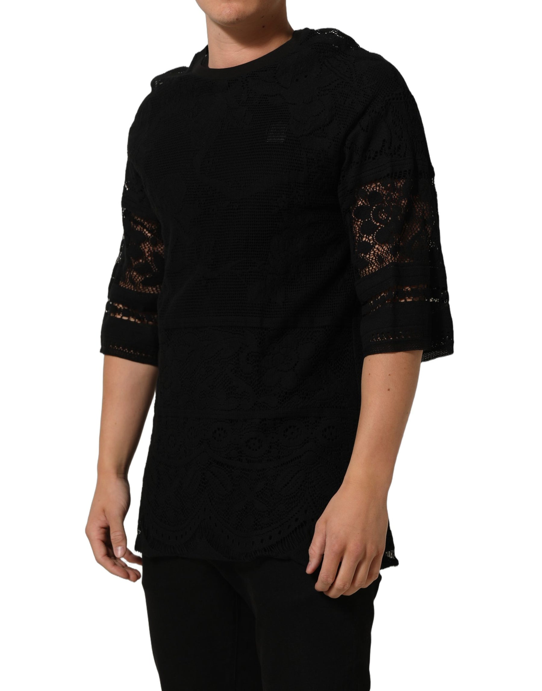 Dolce & Gabbana Black Cotton Floral Lace Crew Neck T-shirt | Regal Royce