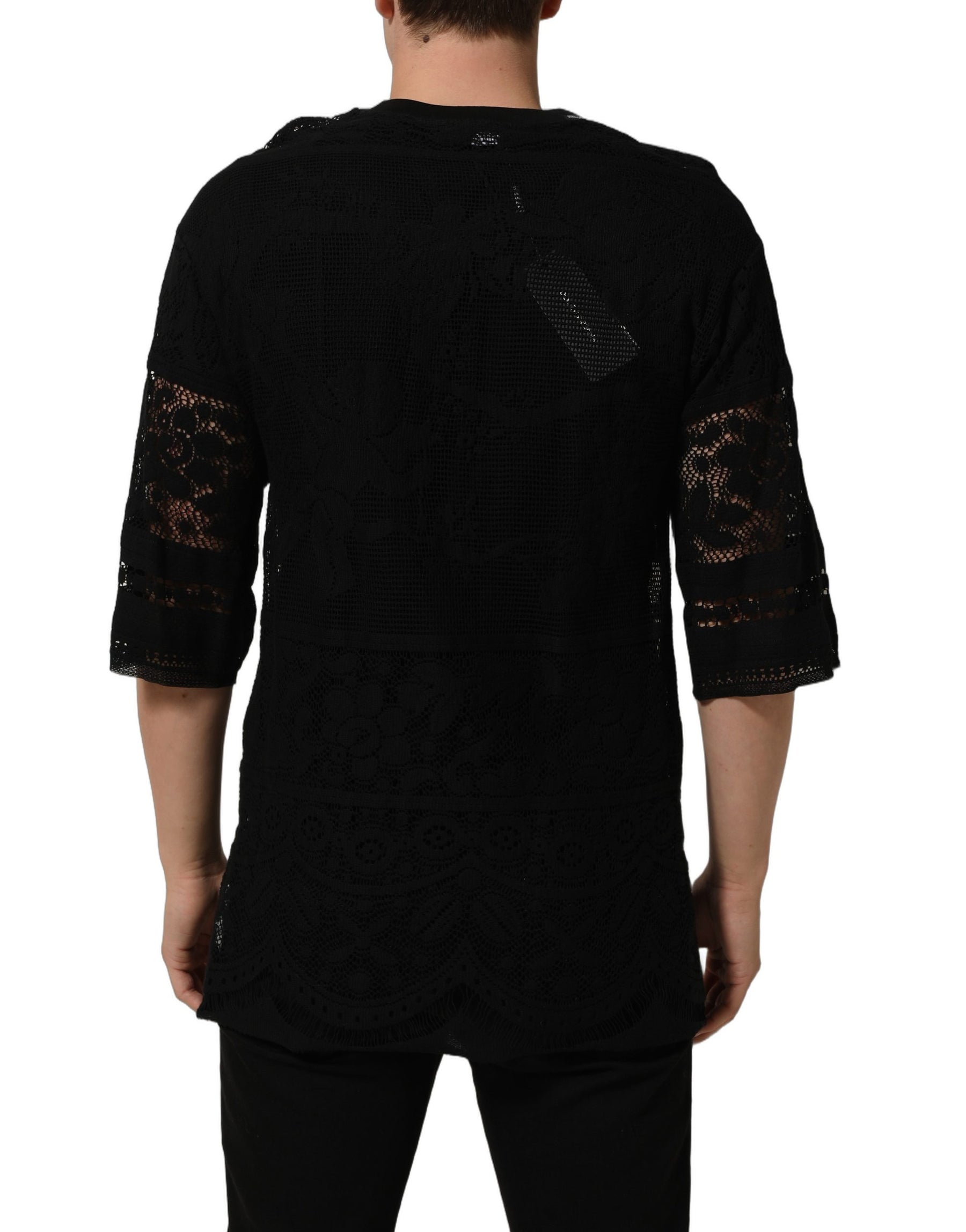 Dolce & Gabbana Black Cotton Floral Lace Crew Neck T-shirt | Regal Royce