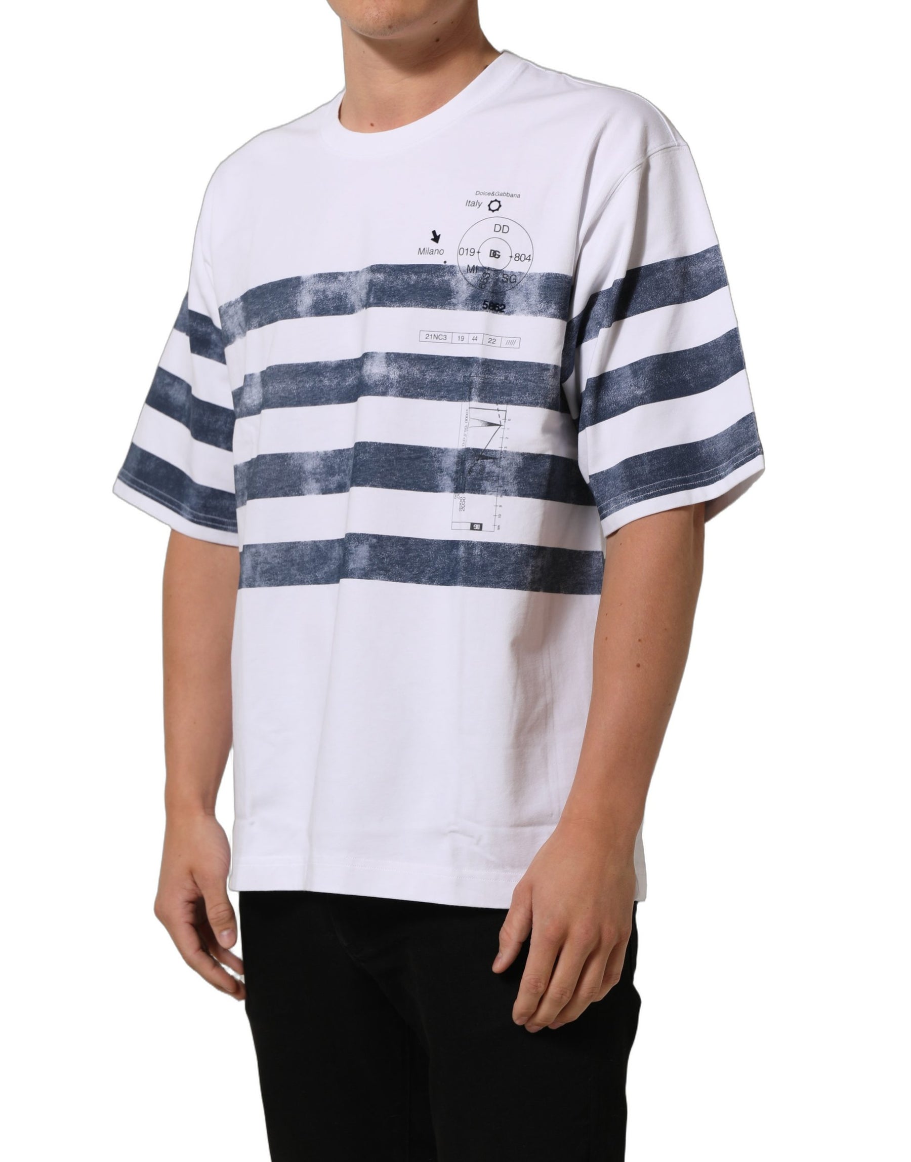 Dolce & Gabbana White Blue Stripe Cotton Short Sleeve T-shirt | Regal Royce