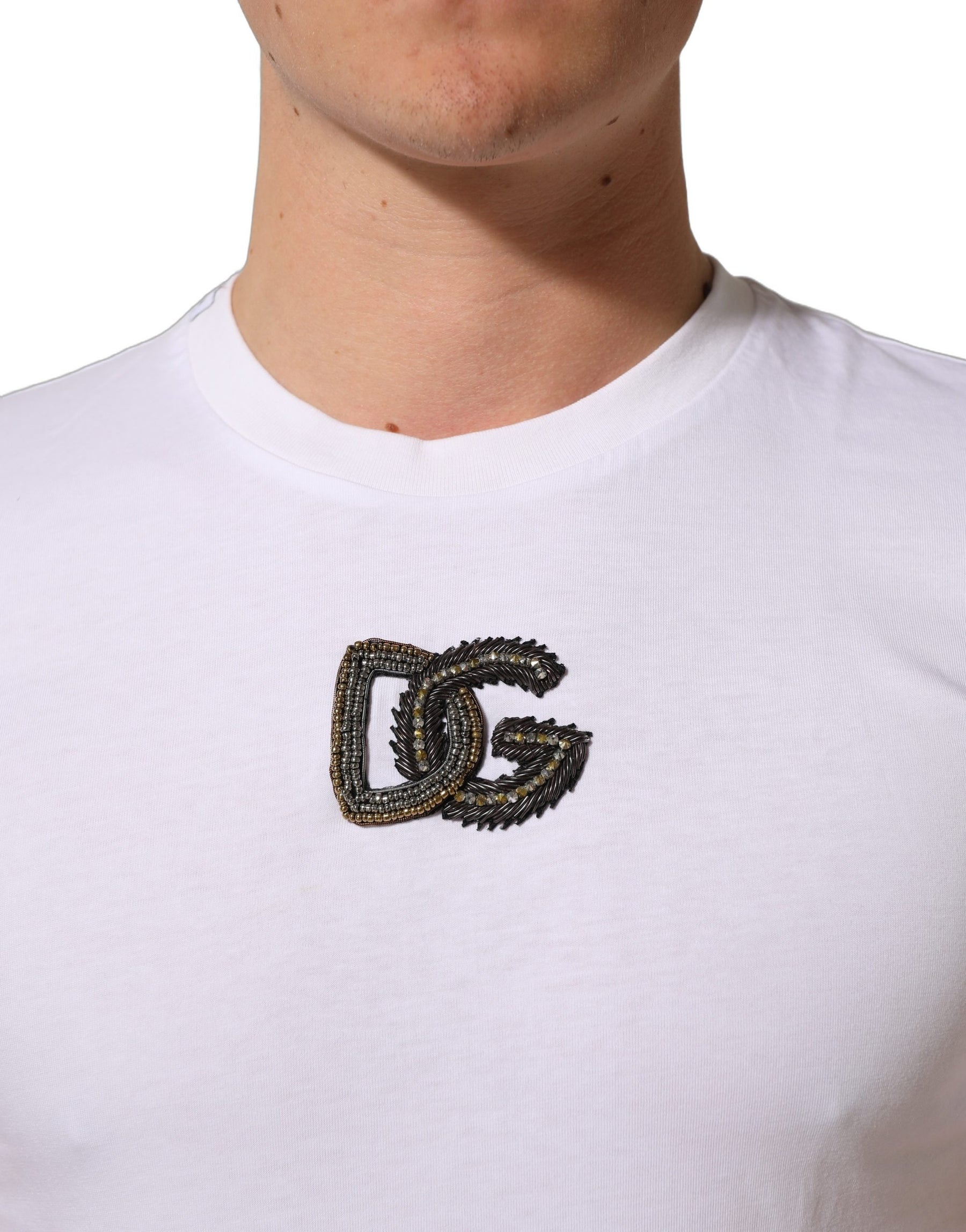 Dolce & Gabbana White DG Logo Cotton Crew Neck Men T-shirt | Regal Royce