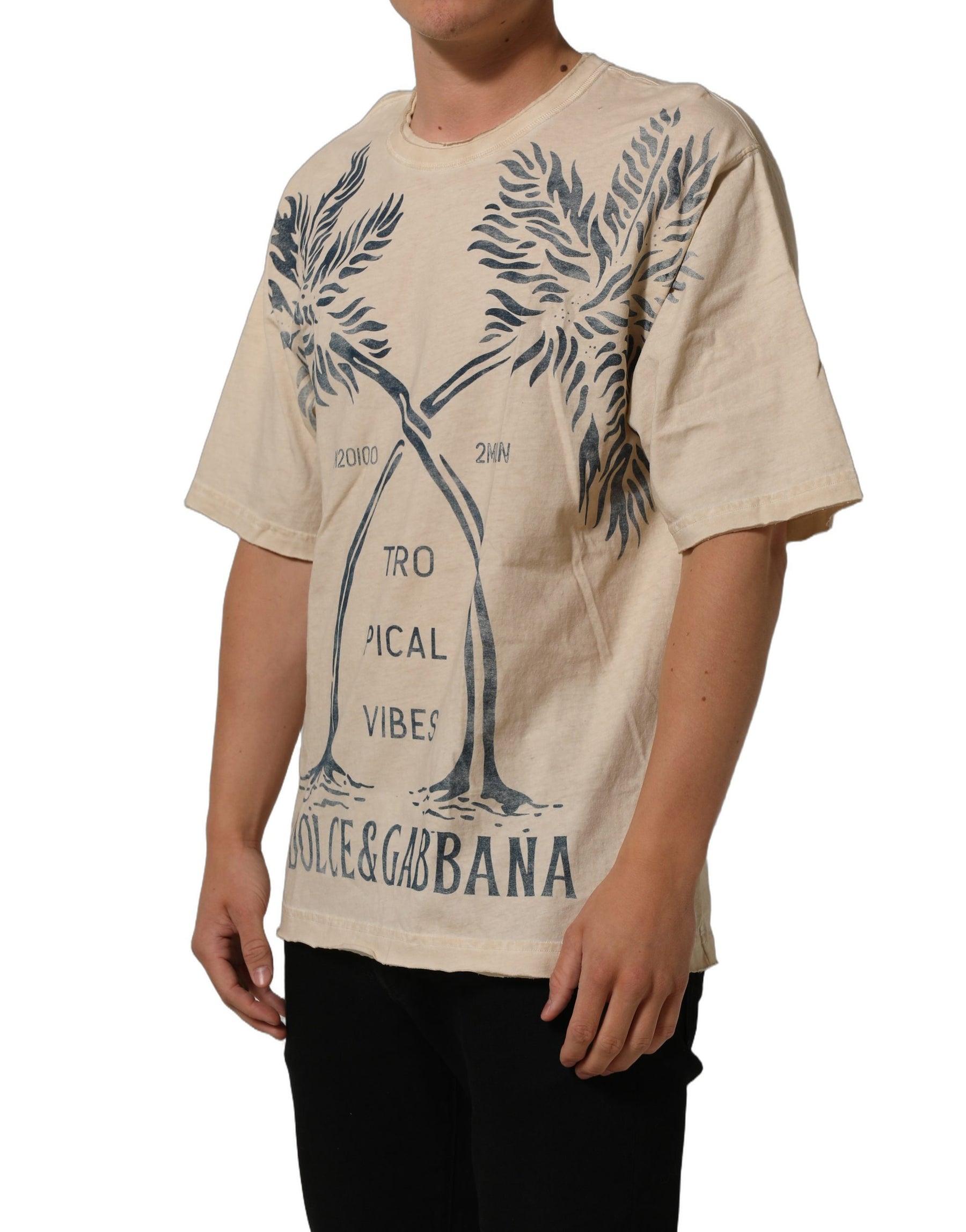 Dolce & Gabbana Beige Cotton Graphic Print Crew Neck  T-shirt | Regal Royce