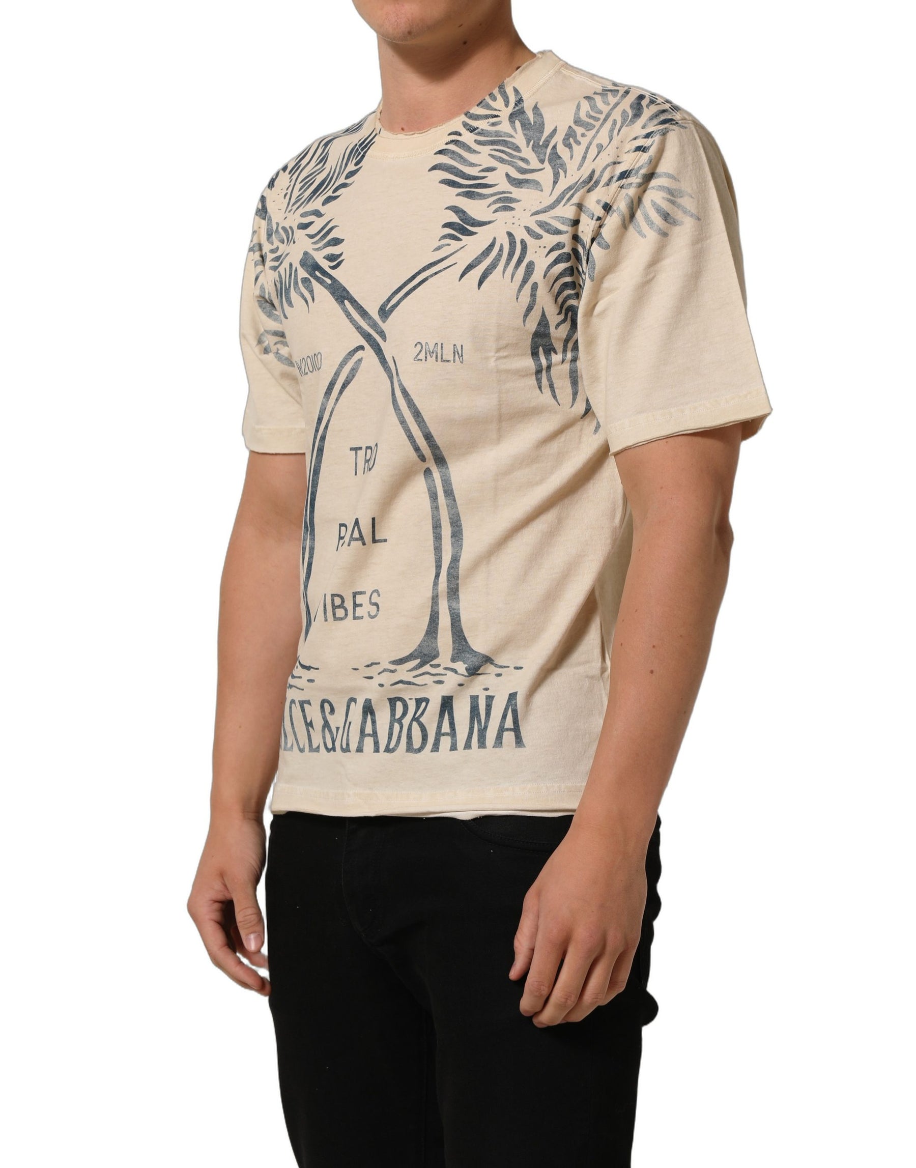 Dolce & Gabbana Beige Cotton Graphic Print Crew Neck T-shirt | Regal Royce