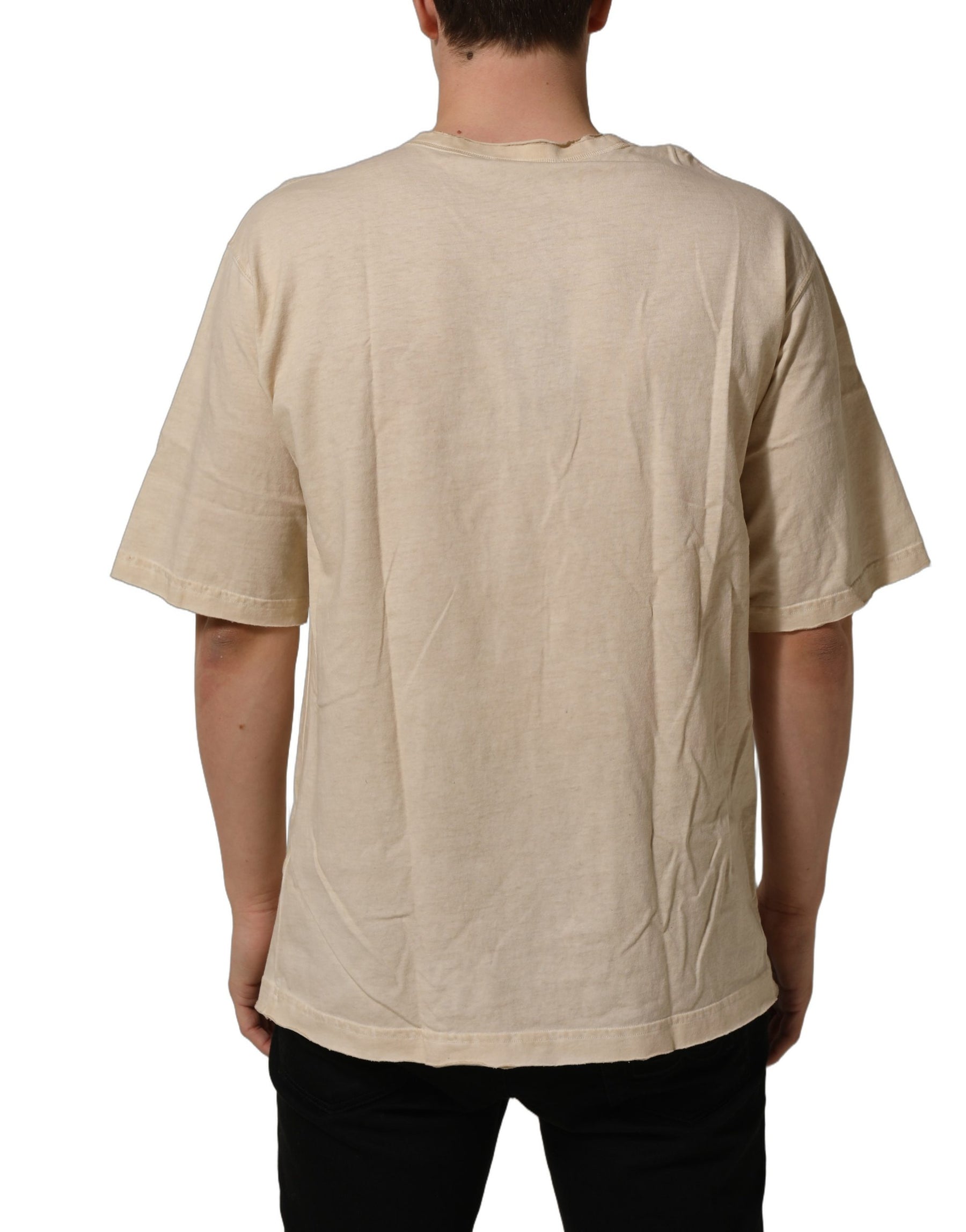Dolce & Gabbana Beige Cotton Graphic Print Crew Neck T-shirt | Regal Royce