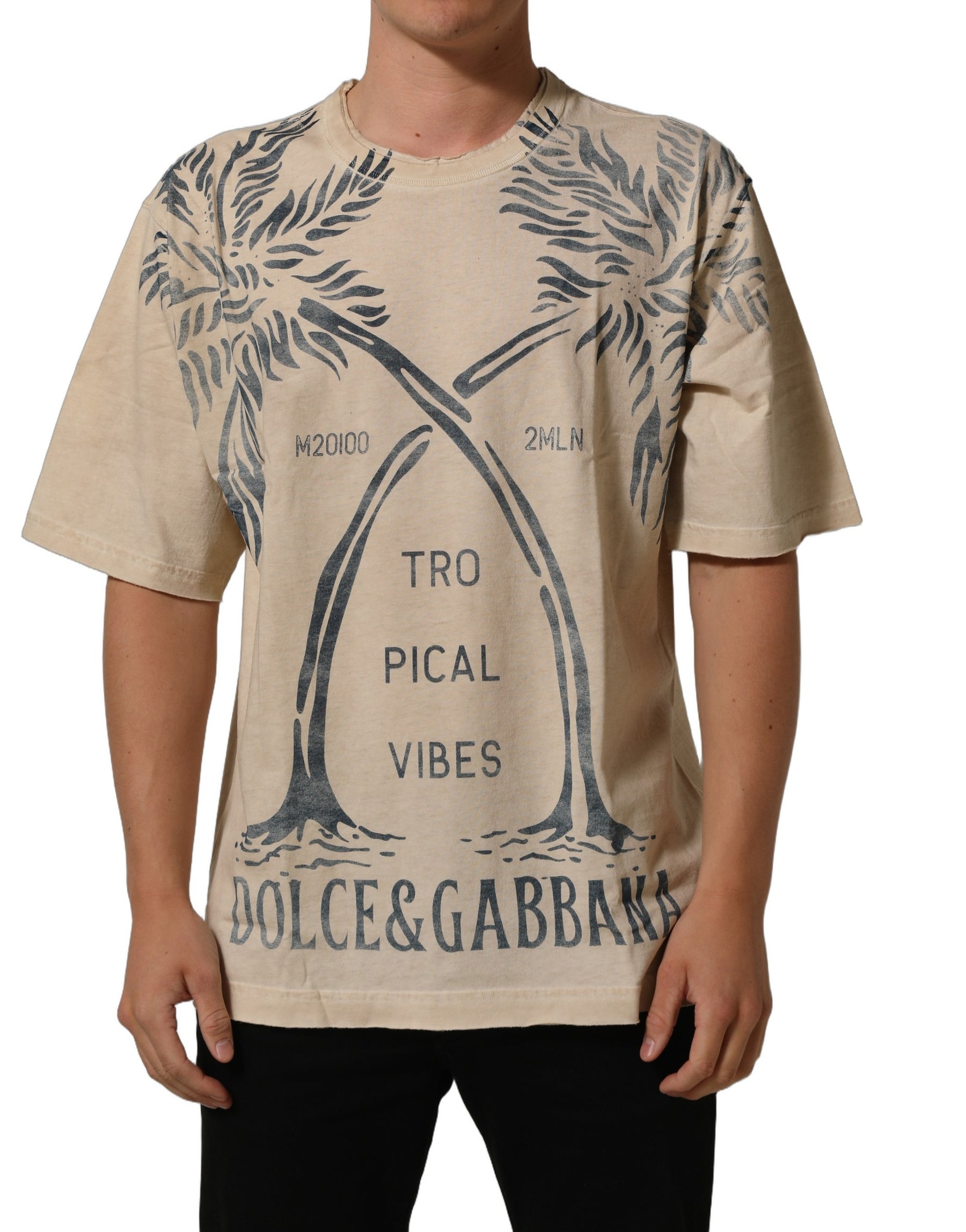 Dolce & Gabbana Beige Cotton Graphic Print Crew Neck T-shirt | Regal Royce