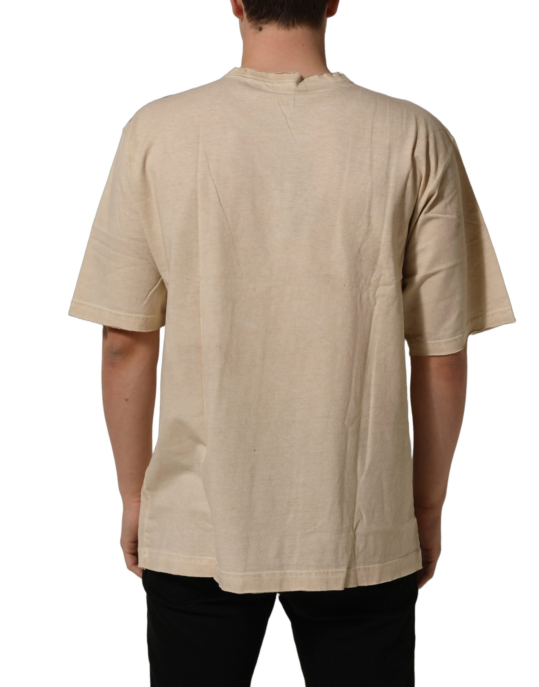 Dolce & Gabbana Beige Cotton Graphic Print Crew Neck T-shirt | Regal Royce