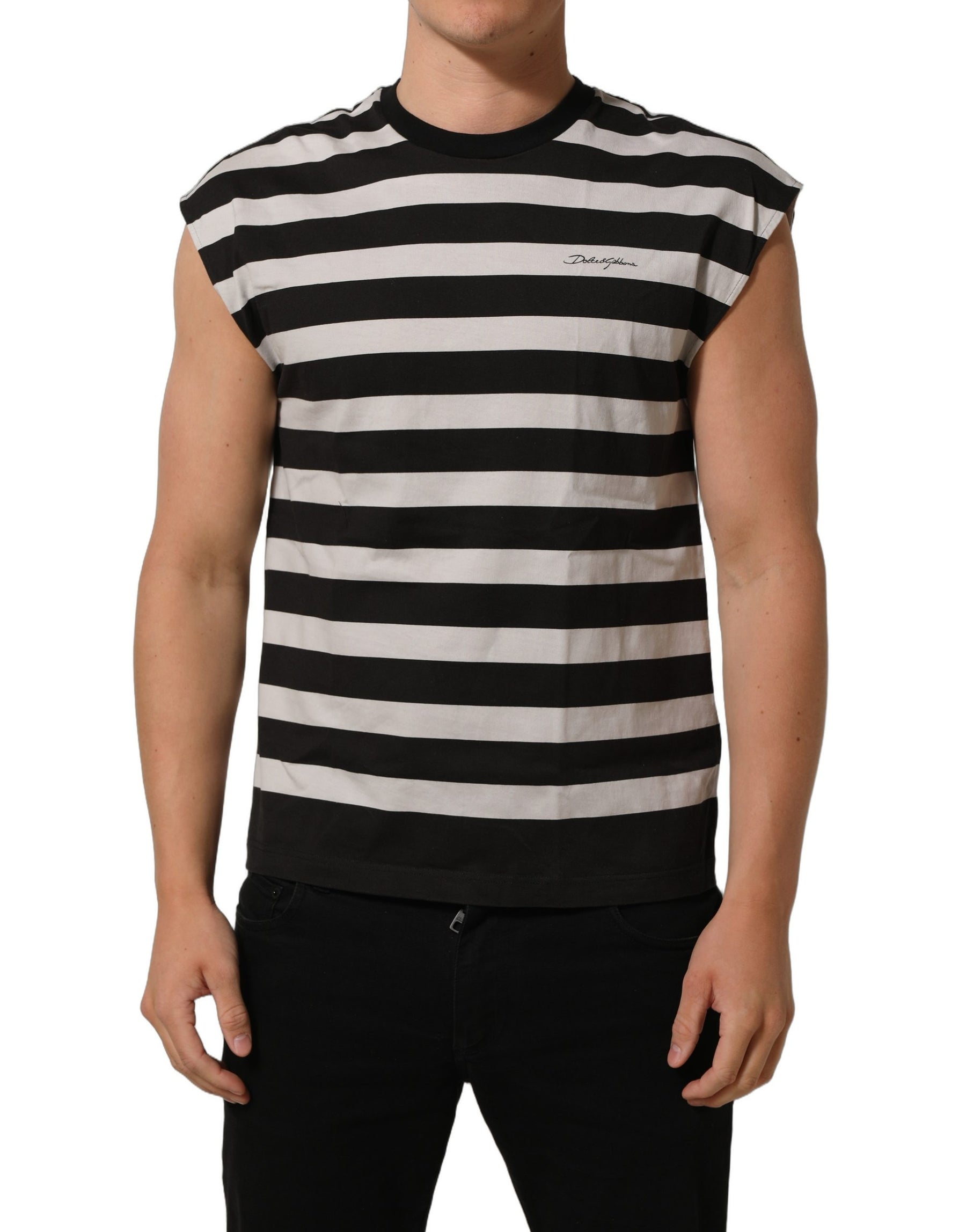 Dolce & Gabbana Black White Stripes Cotton Sleeveless T-shirt | Regal Royce