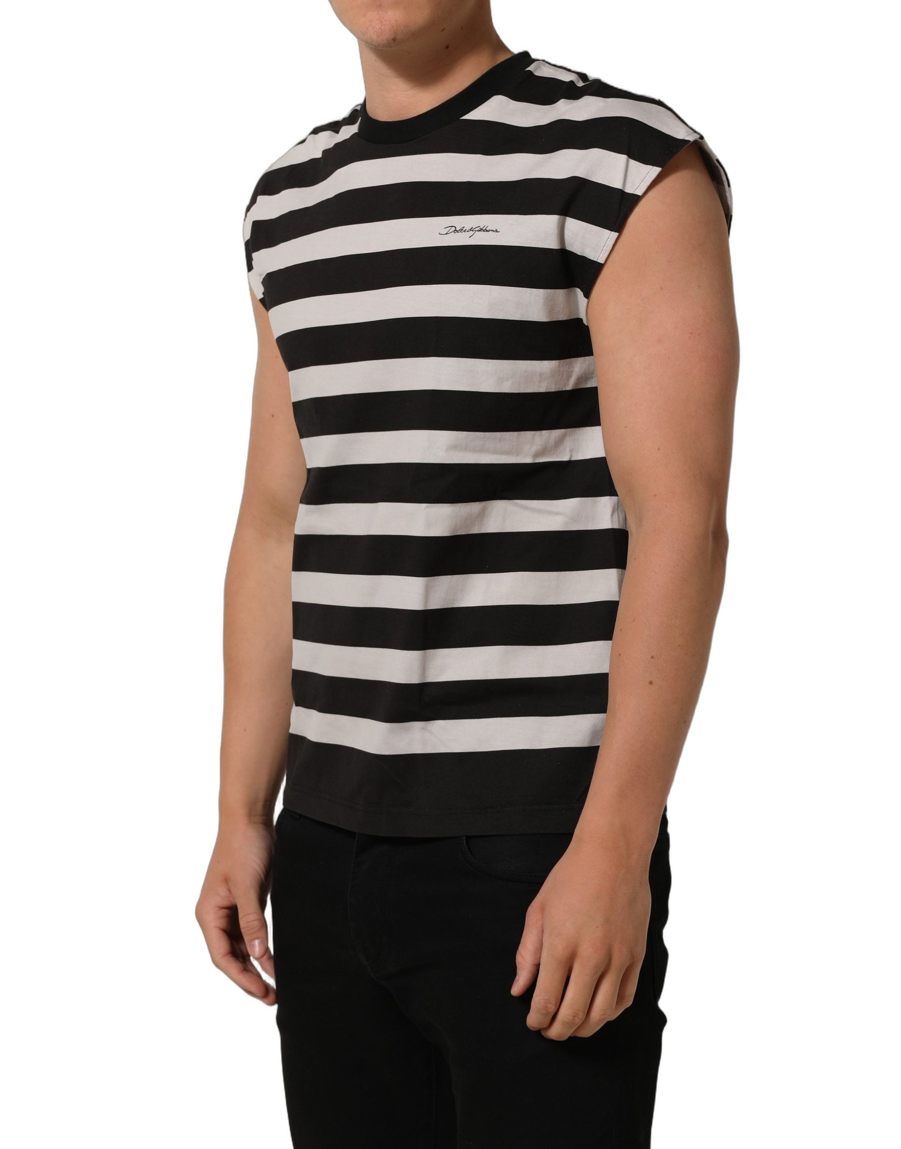 Dolce & Gabbana Black White Stripes Cotton Sleeveless T-shirt | Regal Royce
