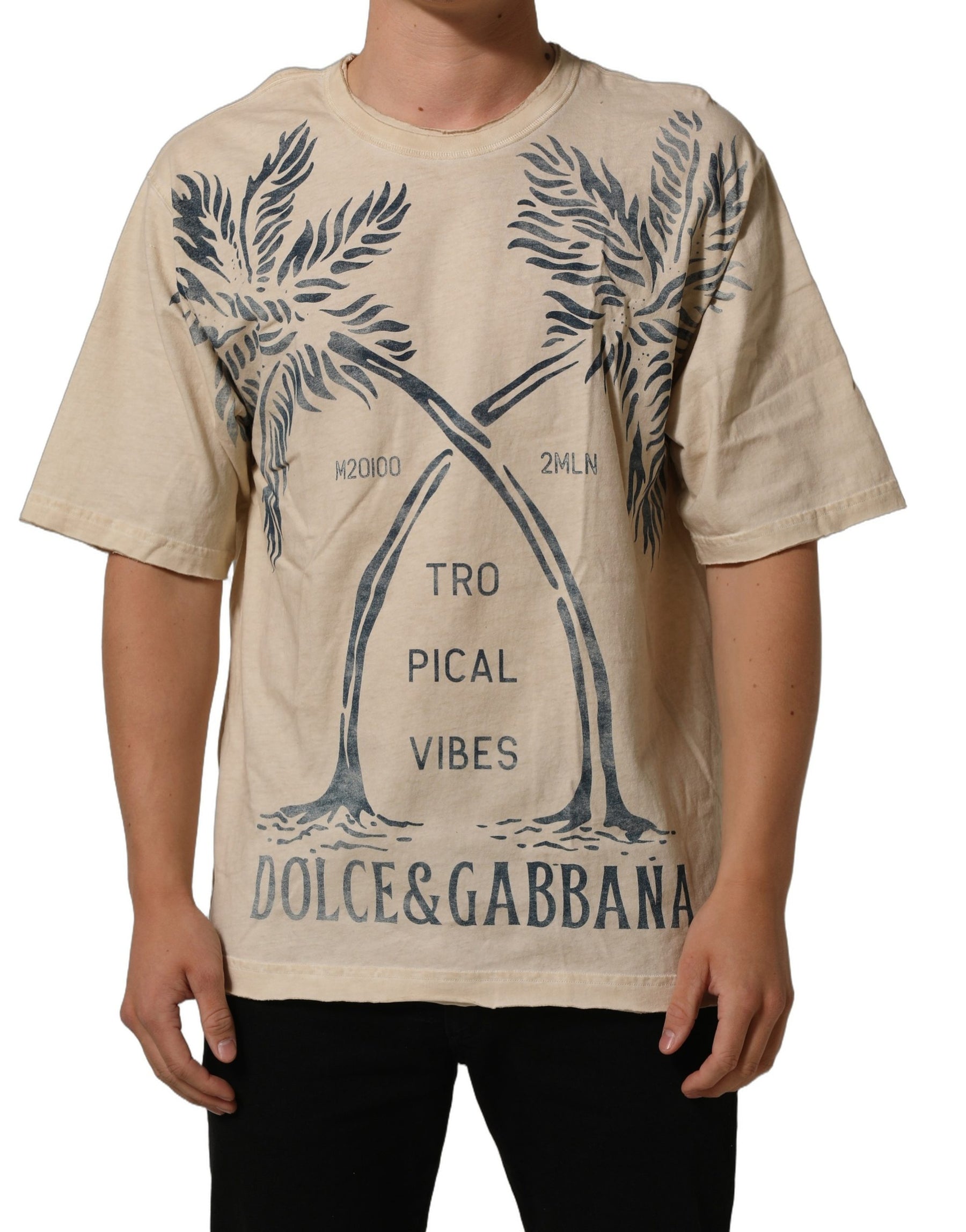 Dolce & Gabbana Beige Cotton Graphic Print Crew Neck T-shirt | Regal Royce