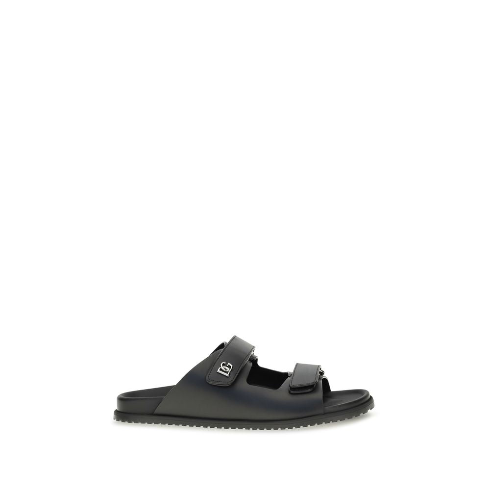 Dolce & Gabbana Black Calf Leather Bos Taurus Flat Sandals | Regal Royce