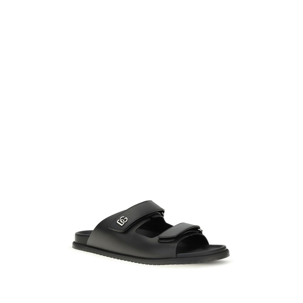 Dolce & Gabbana Black Calf Leather Bos Taurus Flat Sandals | Regal Royce