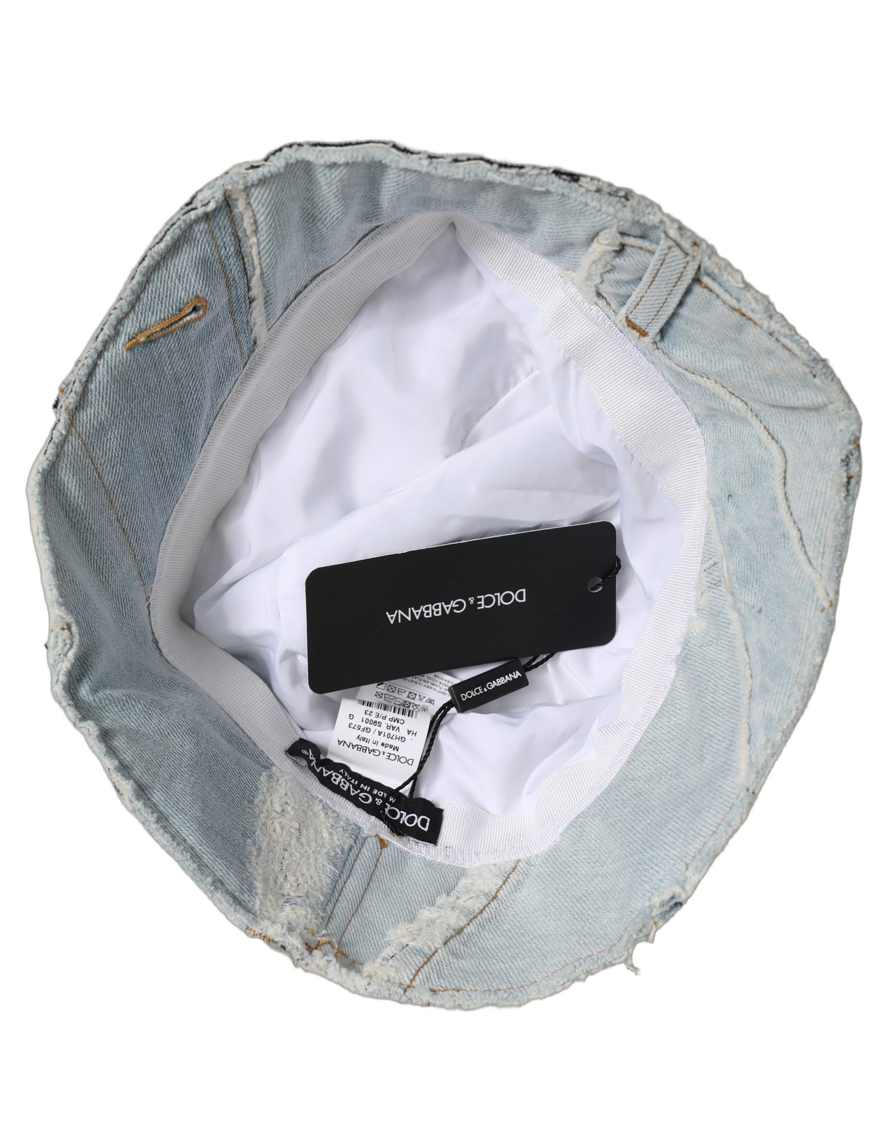 Dolce & Gabbana Men Blue Patchwork Cotton Denim Bucket Cap Hat | Regal Royce