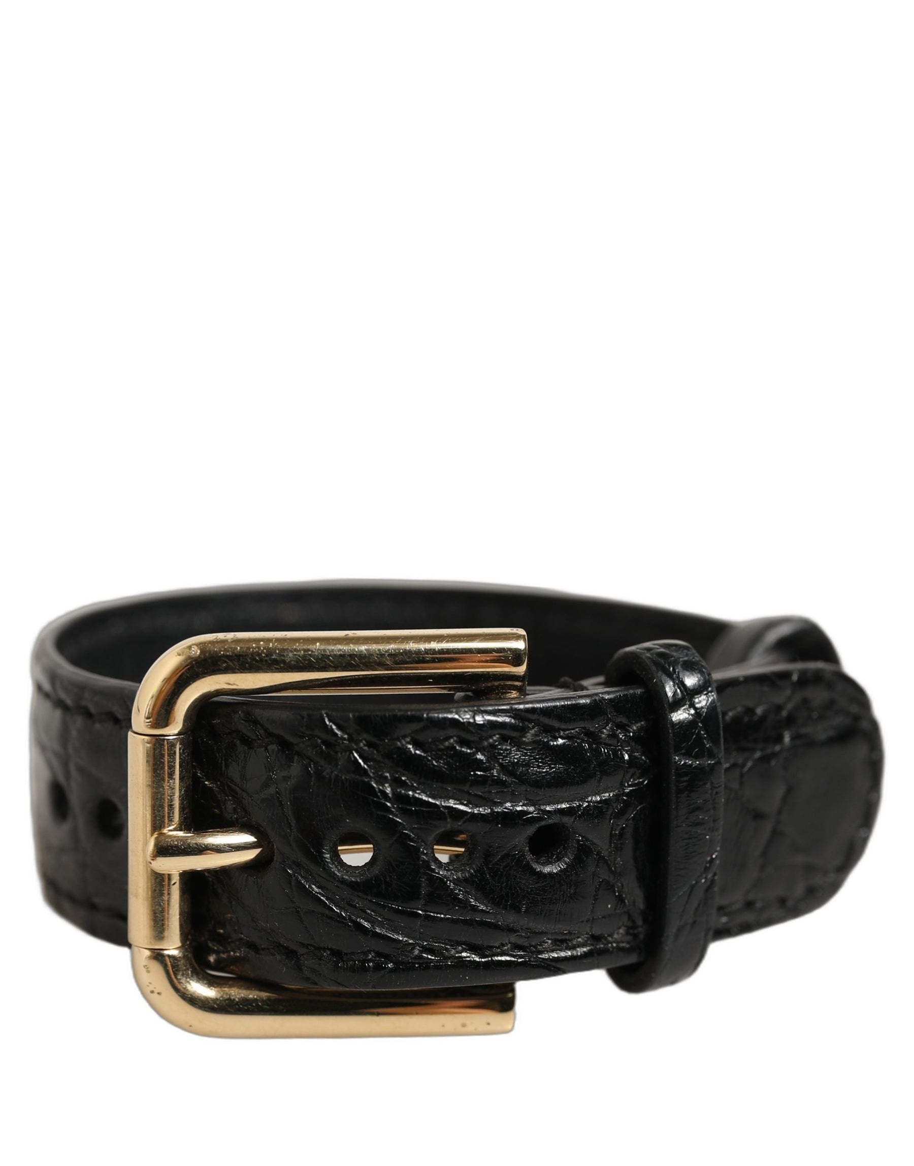 Dolce & Gabbana Black Textured Leather Gold Buckle Belt Strap Bracelet | Regal Royce