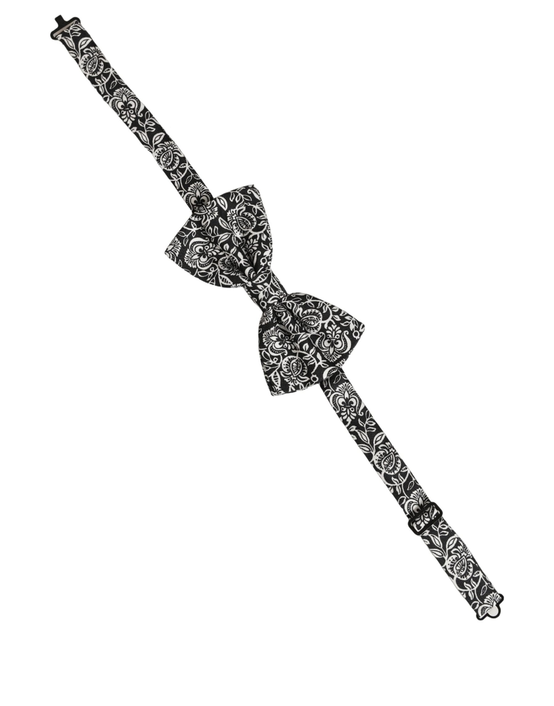 Dolce & Gabbana Tie Black White Paisley Silk Adjustable Neck Papillon Bow | Regal Royce