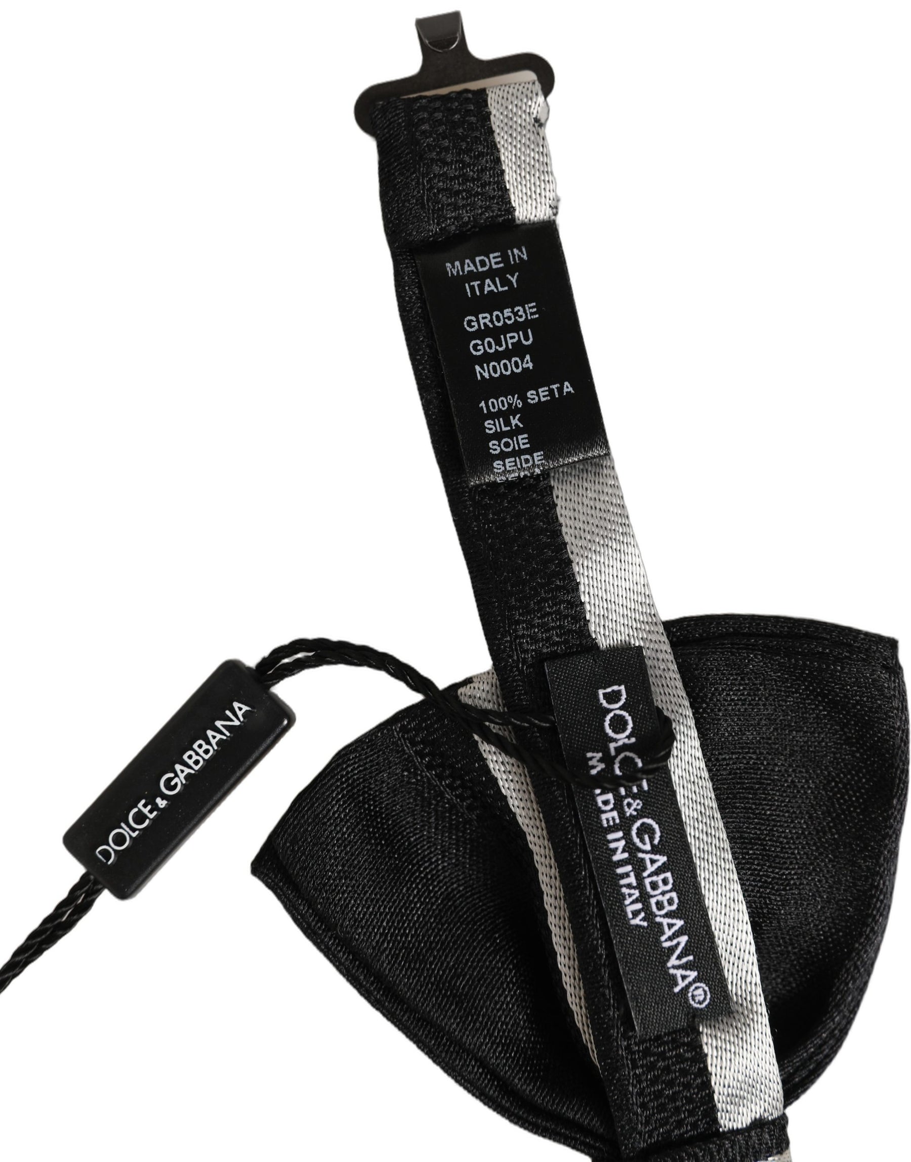 Dolce & Gabbana Black Silver 100% Silk Adjustable Neck Papillon Bow Tie | Regal Royce