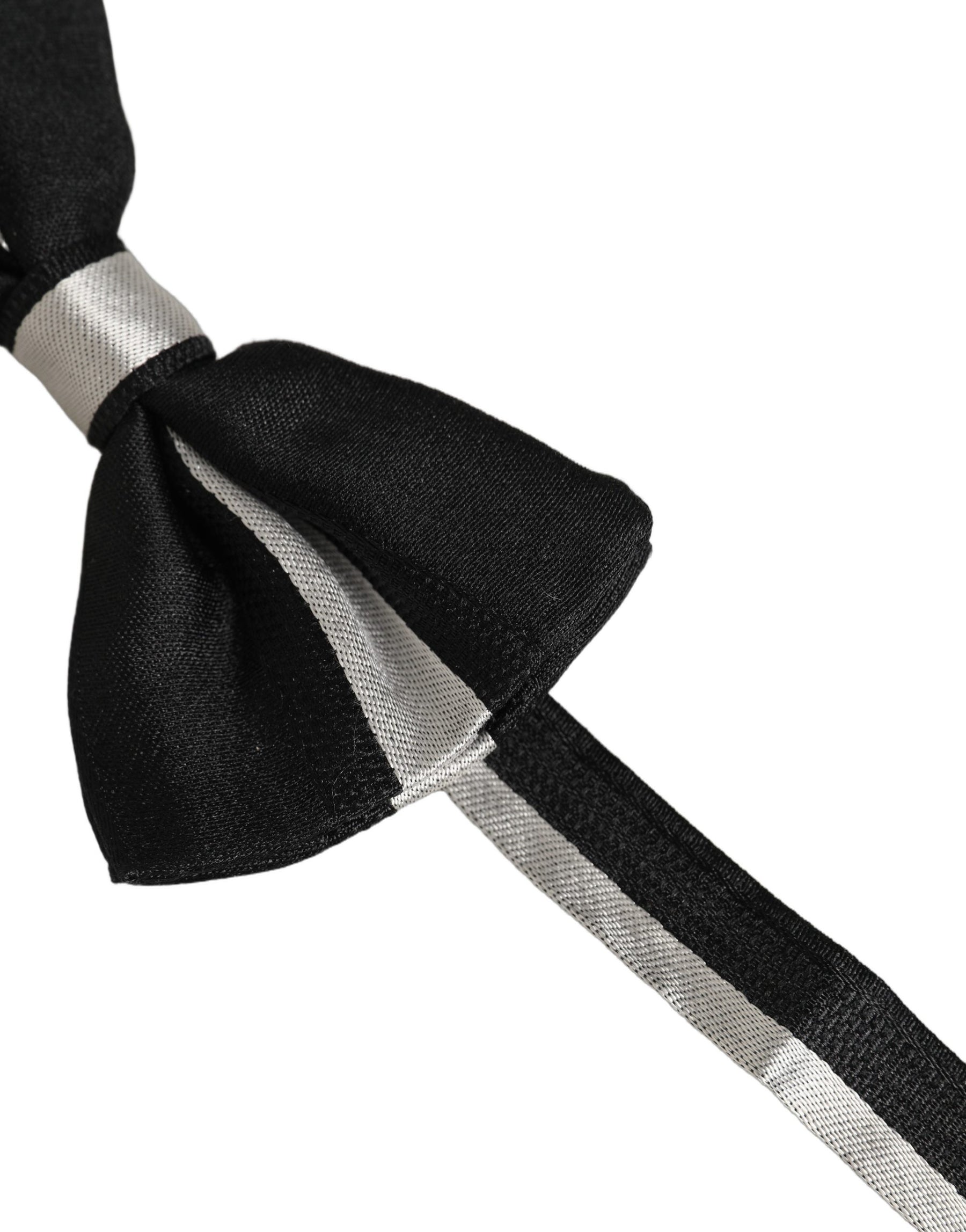 Dolce & Gabbana Black Silver 100% Silk Adjustable Neck Papillon Bow Tie | Regal Royce