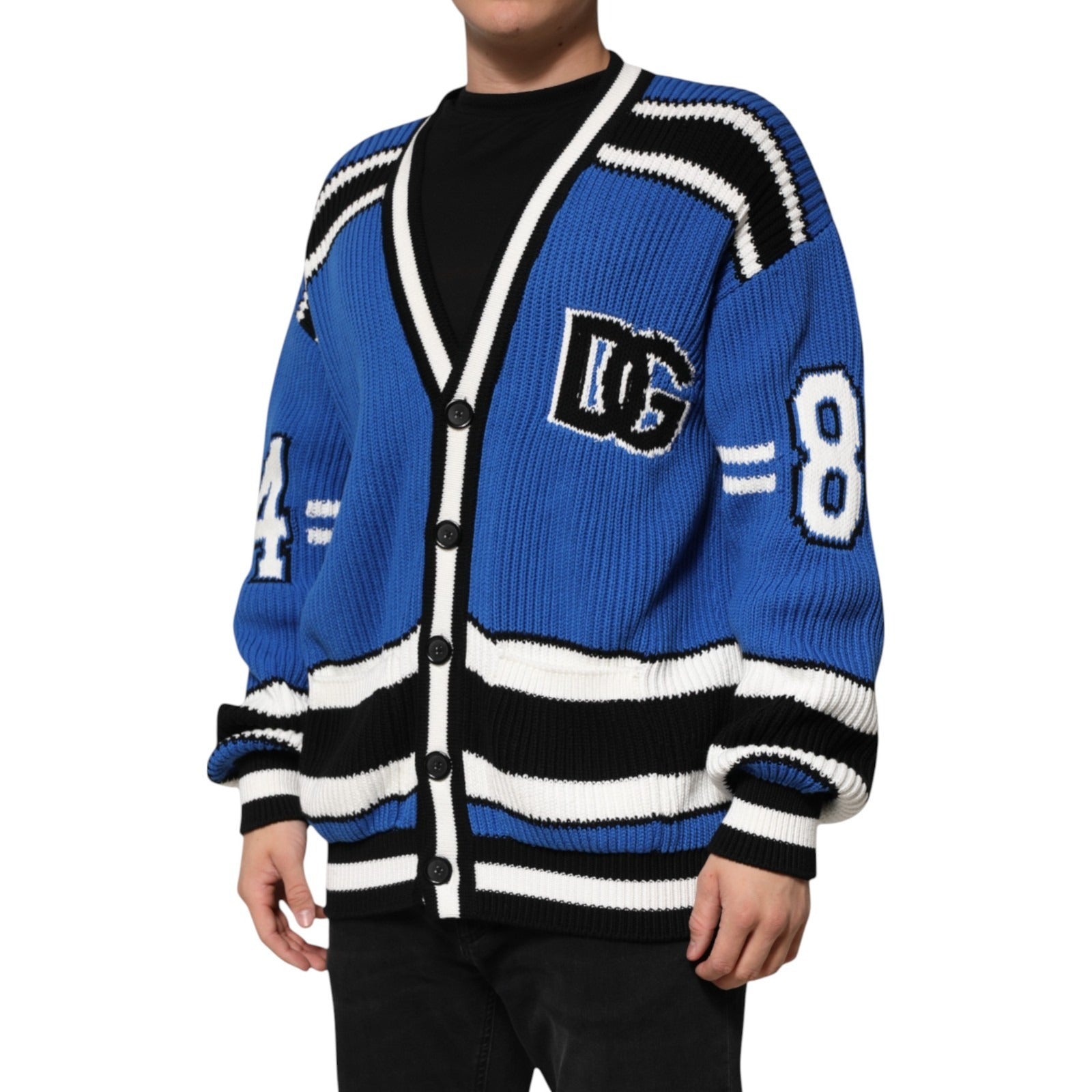 Dolce & Gabbana Blue Cotton Logo Patch Ribbed Knit Cardigan Sweater | Regal Royce