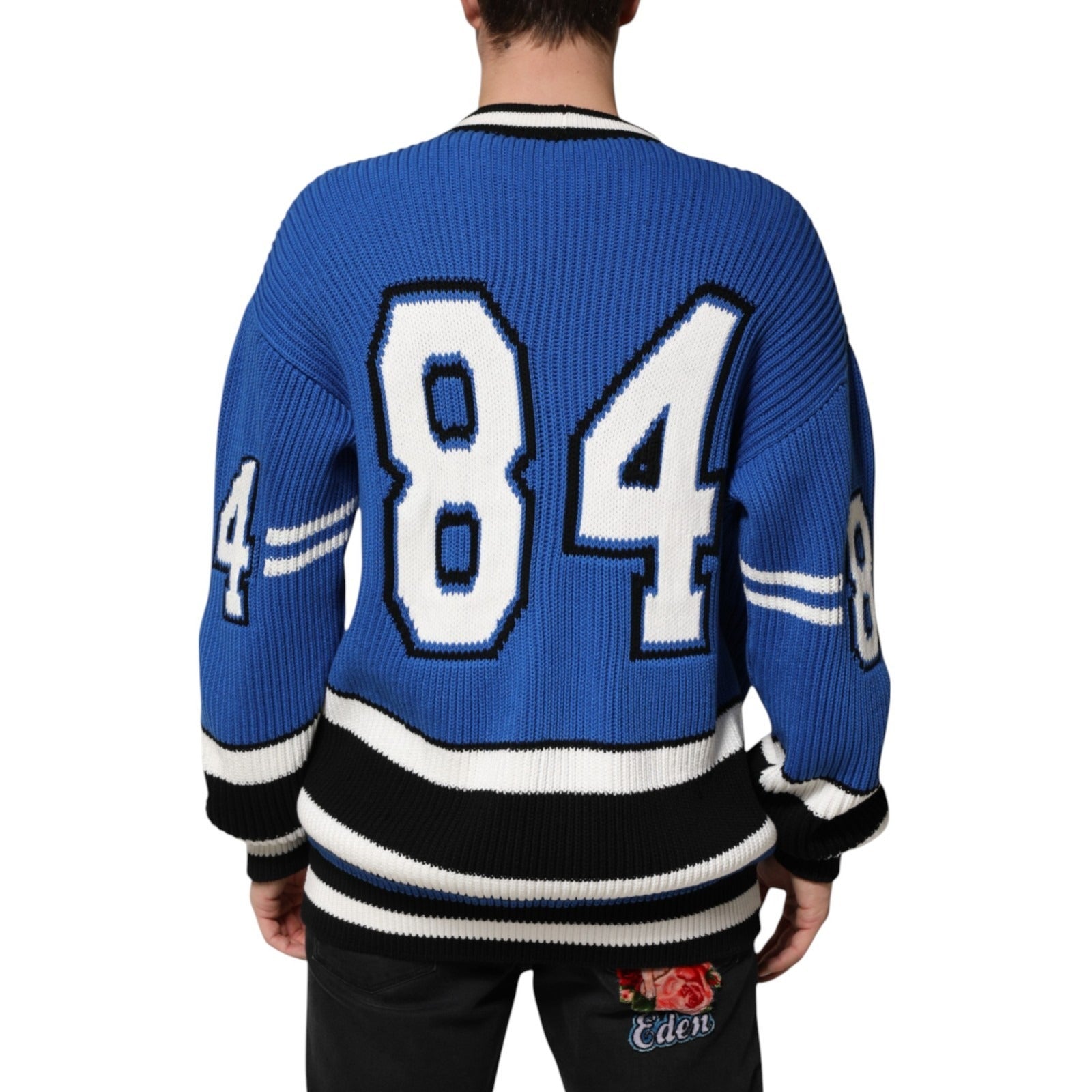 Dolce & Gabbana Blue Cotton Logo Patch Ribbed Knit Cardigan Sweater | Regal Royce