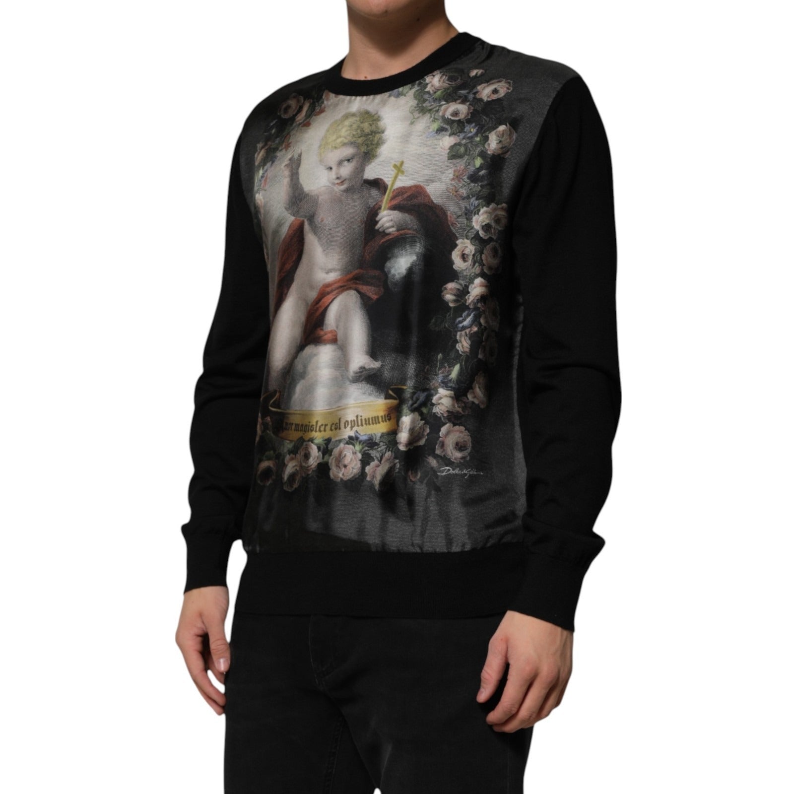 Dolce & Gabbana Black Cashmere Cherub Print Baroque Sweater | Regal Royce
