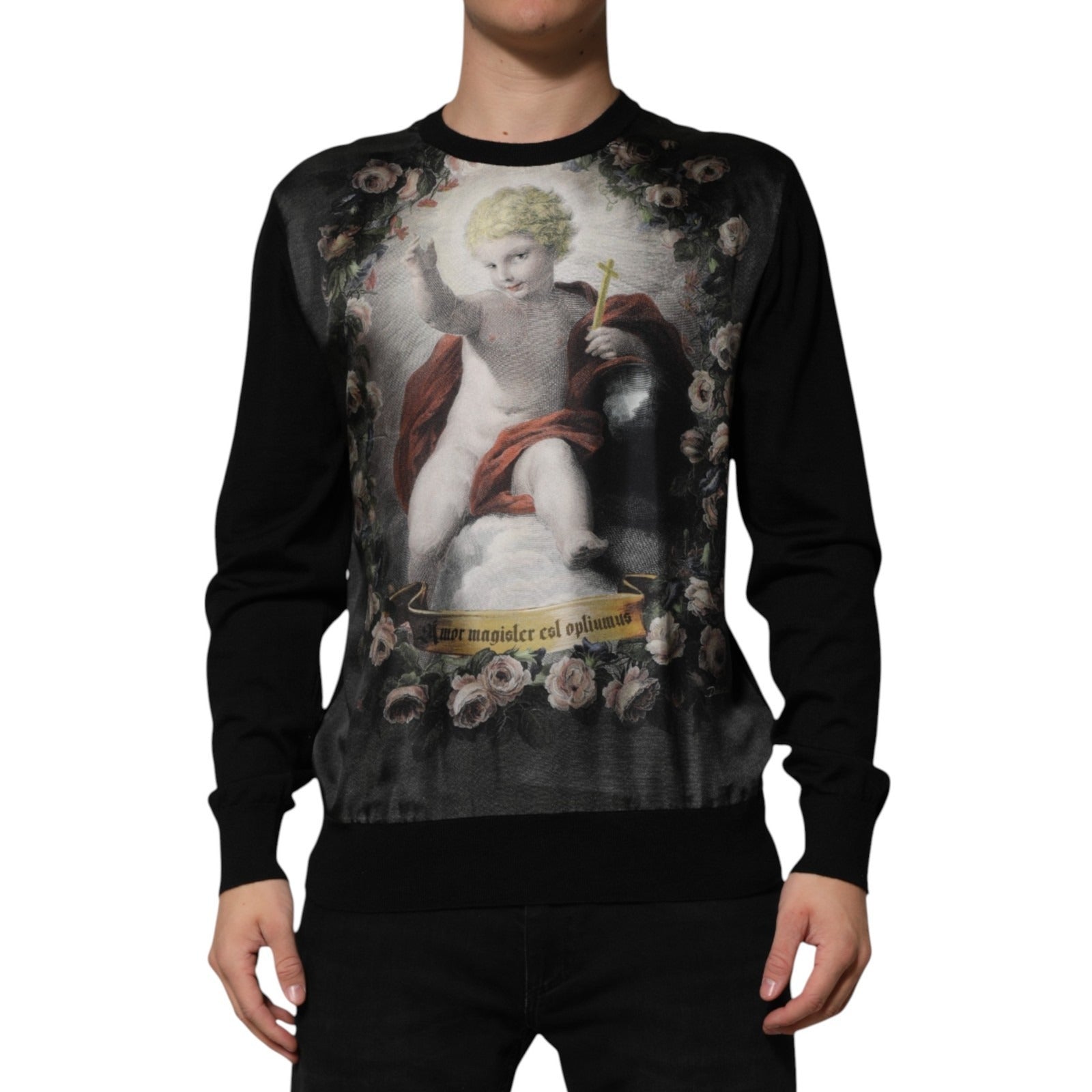 Dolce & Gabbana Black Cashmere Cherub Print Baroque Sweater | Regal Royce