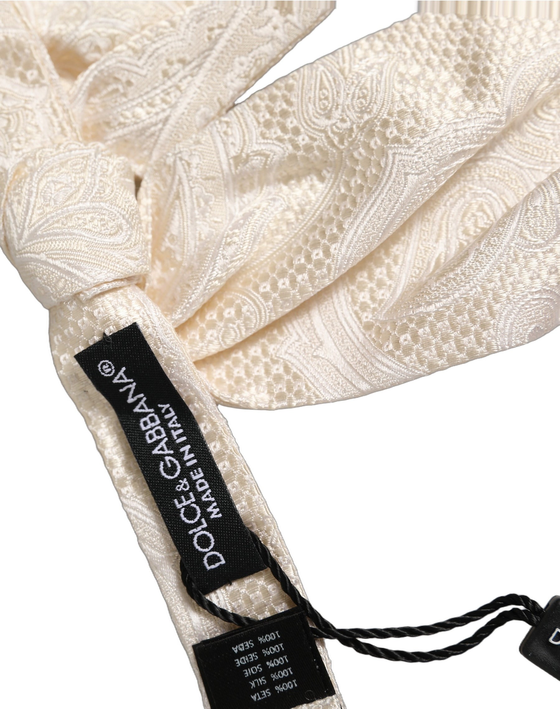 Dolce & Gabbana Men Ivory Paisley SIlk Adjustable Neck Papillon Bow Tie | Regal Royce