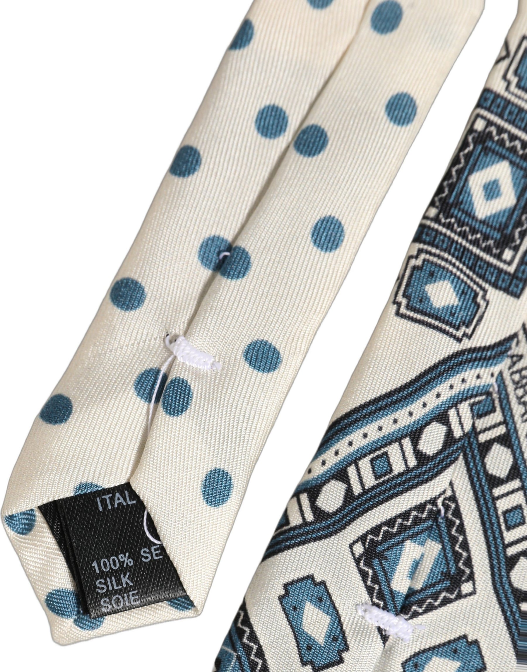 Dolce & Gabbana Men Off White Blue Geometric Adjustable Tied Necktie Tie | Regal Royce
