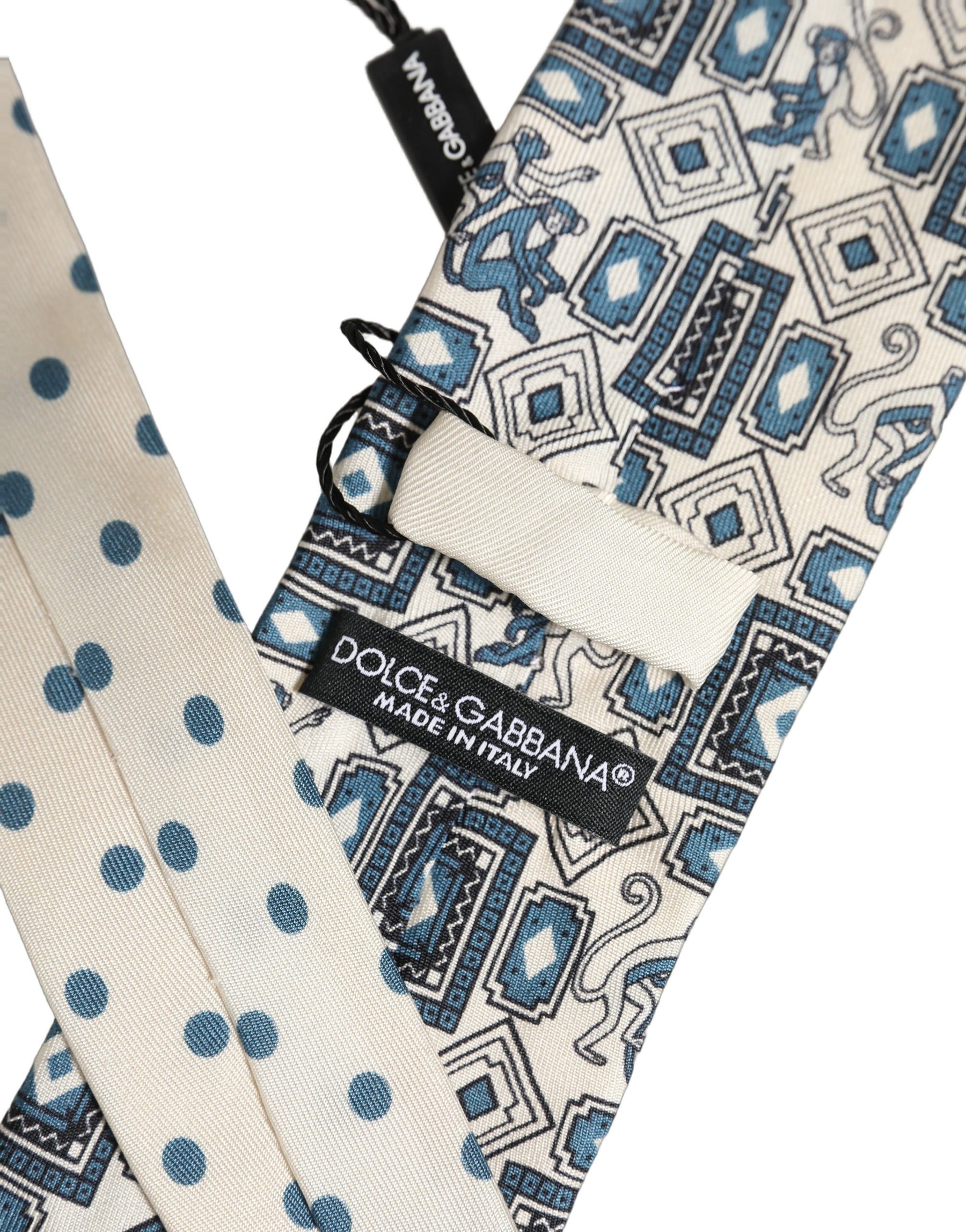 Dolce & Gabbana Men Off White Blue Geometric Adjustable Tied Necktie Tie | Regal Royce