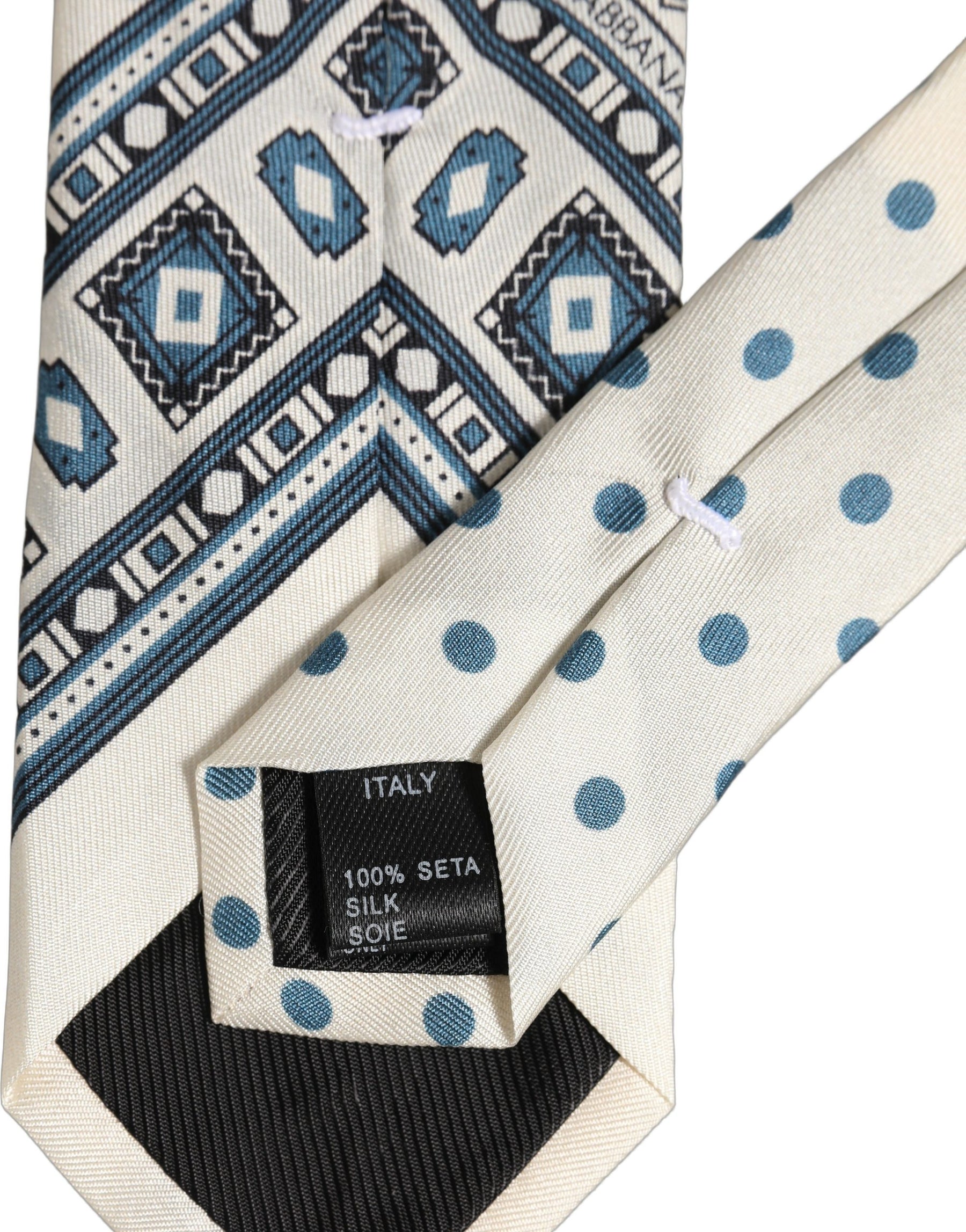 Dolce & Gabbana Men Off White Blue Geometric Adjustable Tied Necktie Tie | Regal Royce