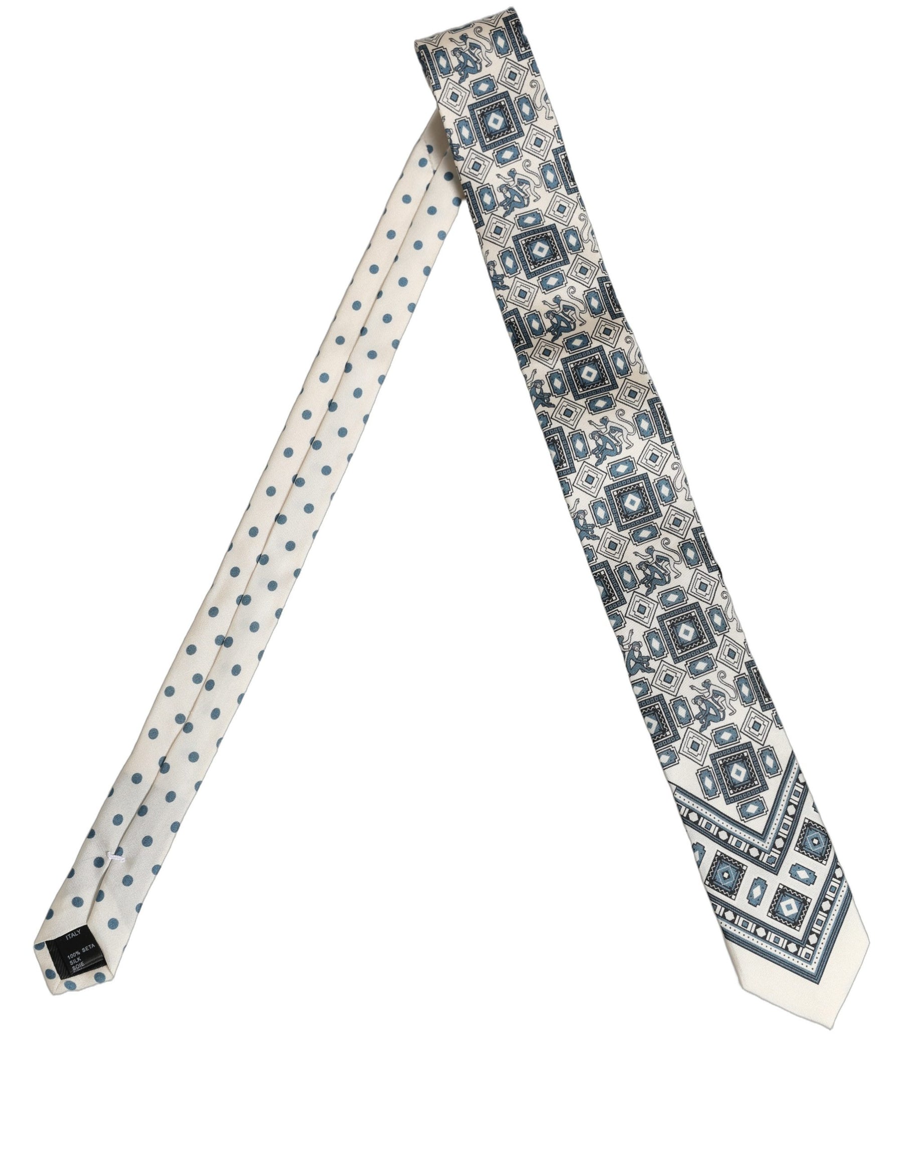 Dolce & Gabbana Men Off White Blue Geometric Adjustable Tied Necktie Tie | Regal Royce