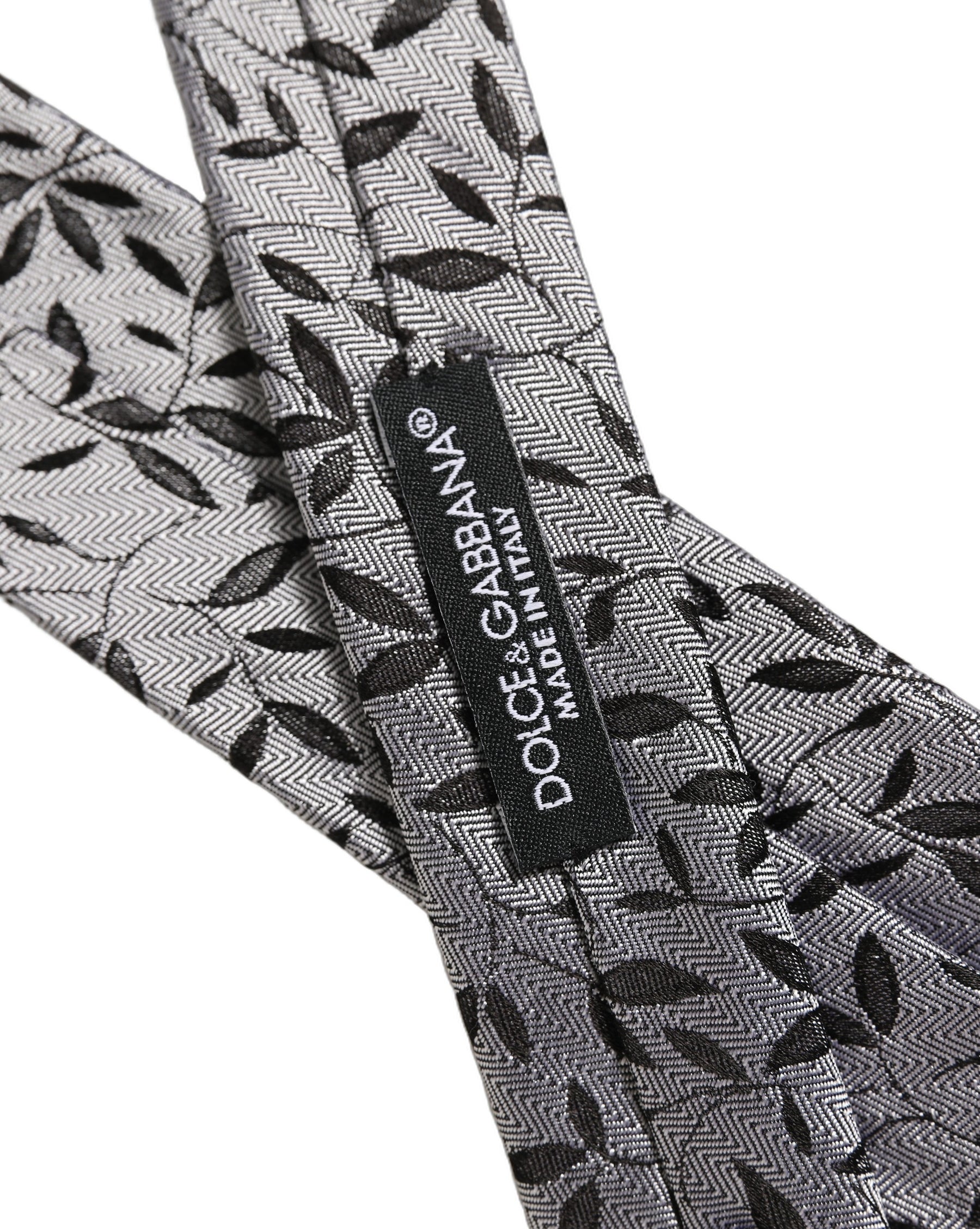 Dolce & Gabbana Men Gray Leaf Pattern Silk Adjustable Tied Necktie Tie | Regal Royce