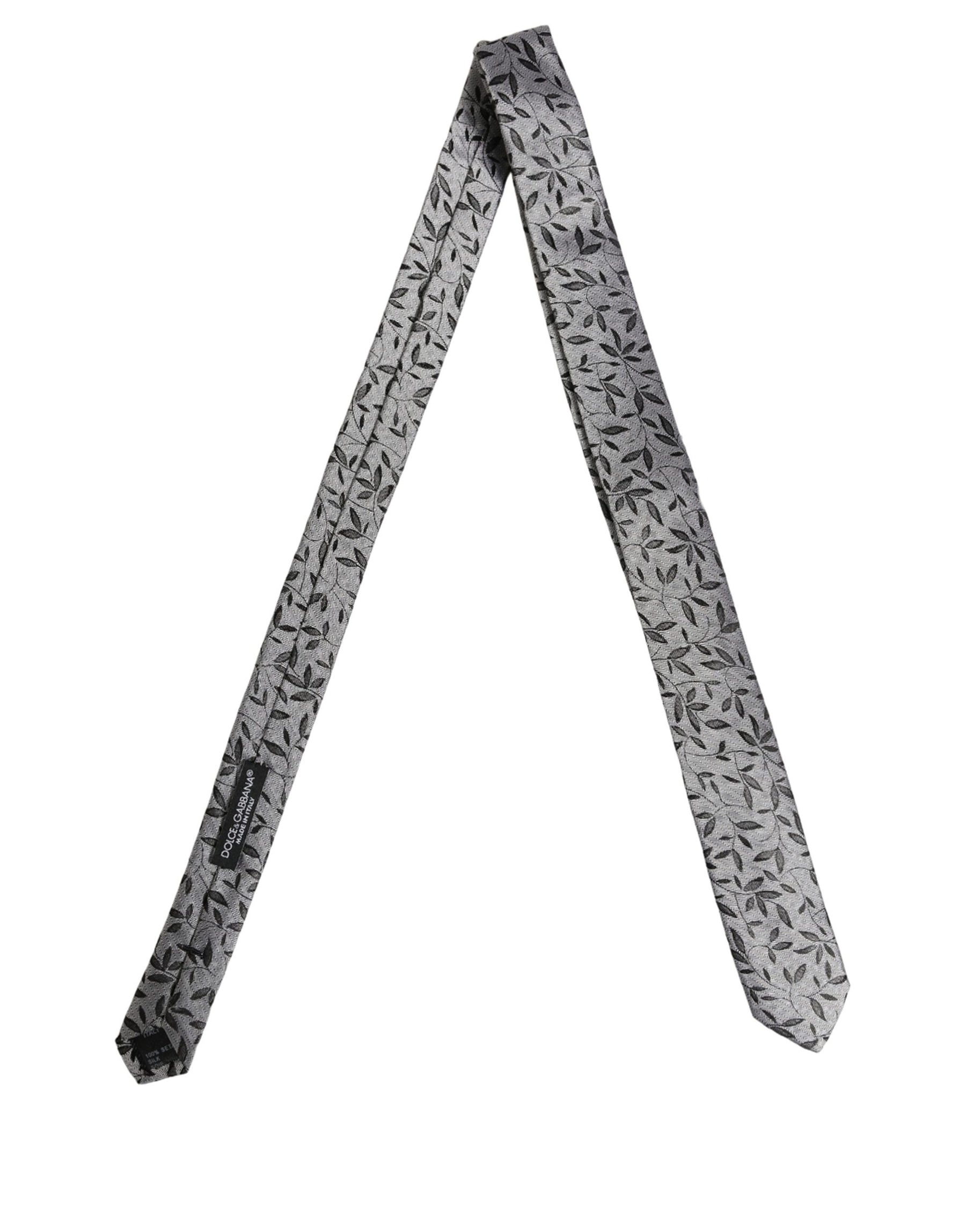Dolce & Gabbana Men Gray Leaf Pattern Silk Adjustable Tied Necktie Tie | Regal Royce
