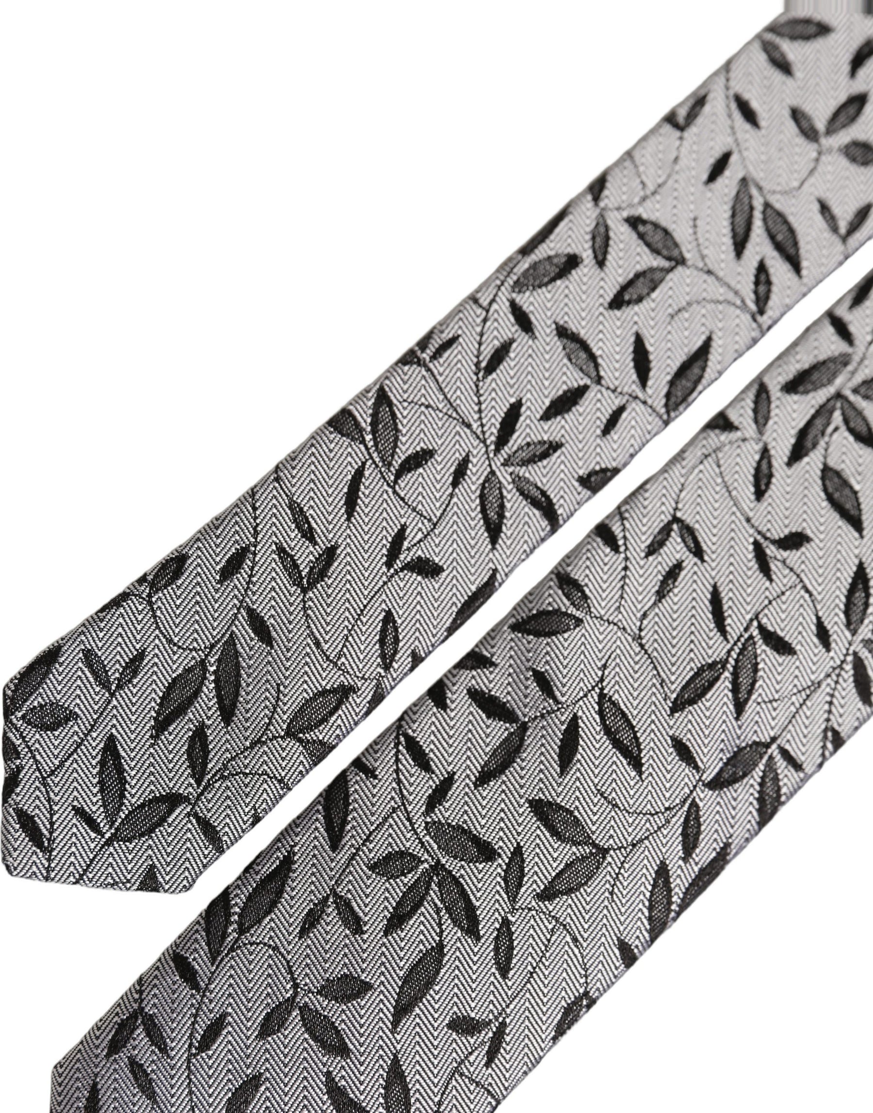 Dolce & Gabbana Men Gray Leaf Pattern Silk Adjustable Tied Necktie Tie | Regal Royce
