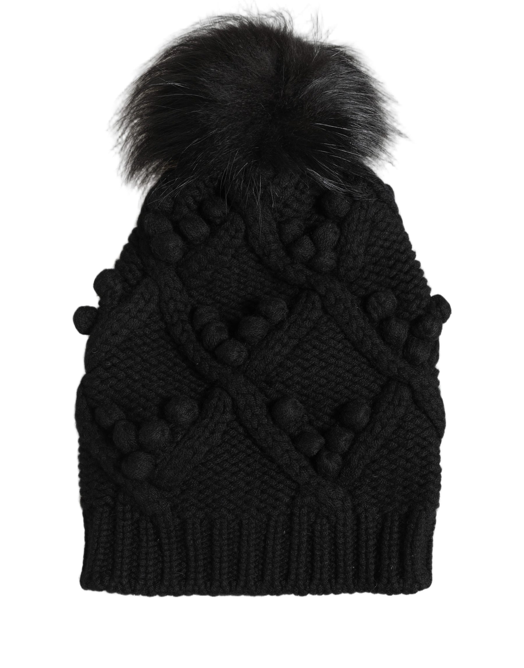Dolce & Gabbana Black Cashmere Knitted Fur Pom-Pom Beanie One Size Hat | Regal Royce