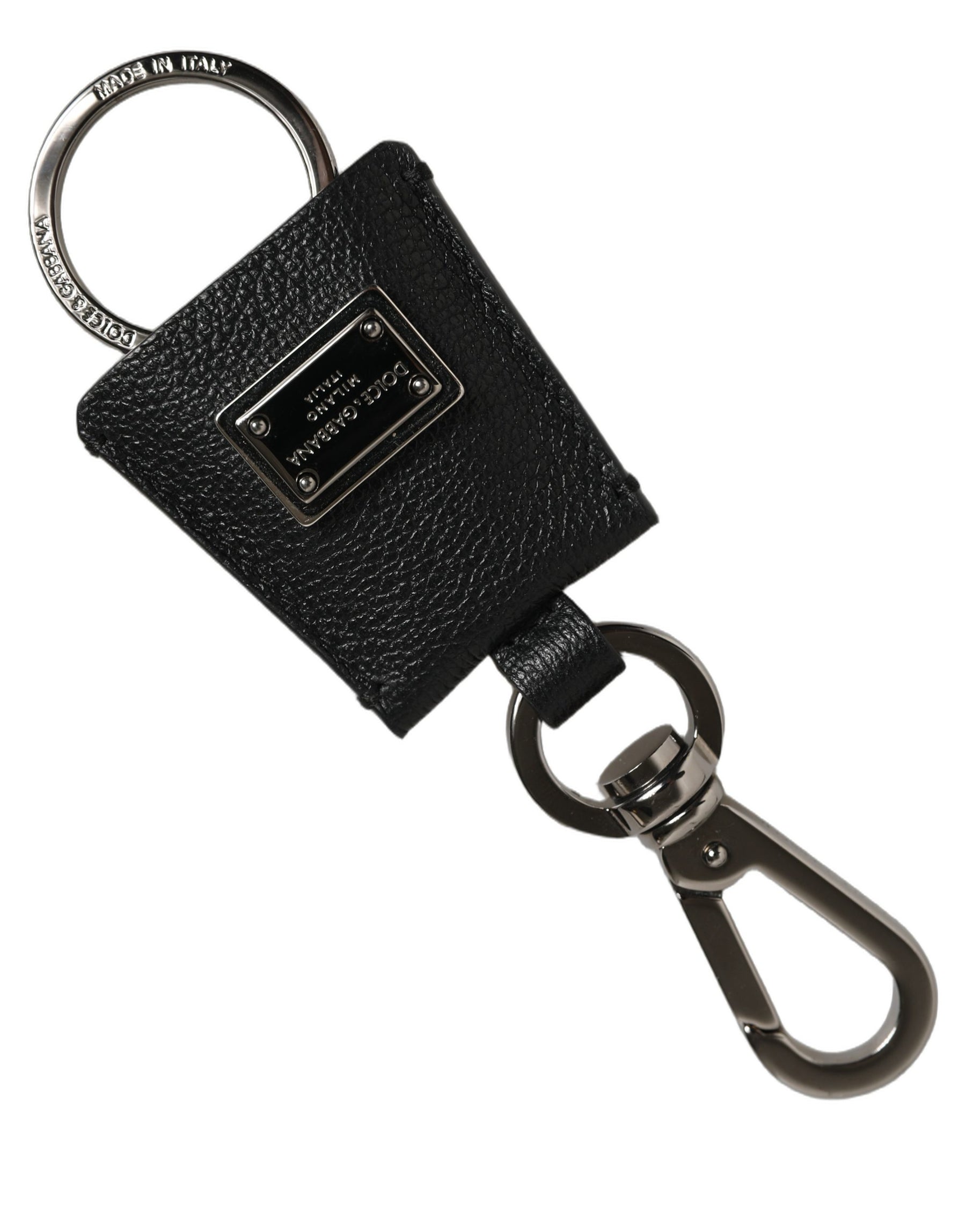 Dolce & Gabbana Black Dauphine Leather Silver Metal Logo Plaque Keyring | Regal Royce