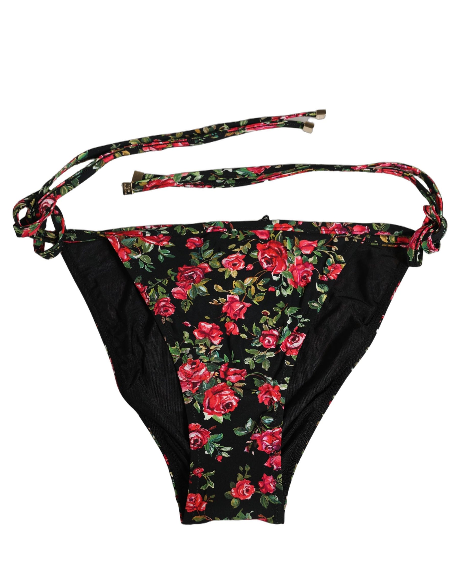 Dolce & Gabbana Black Floral Print Nylon Beachwear Bikini Bottom | Regal Royce