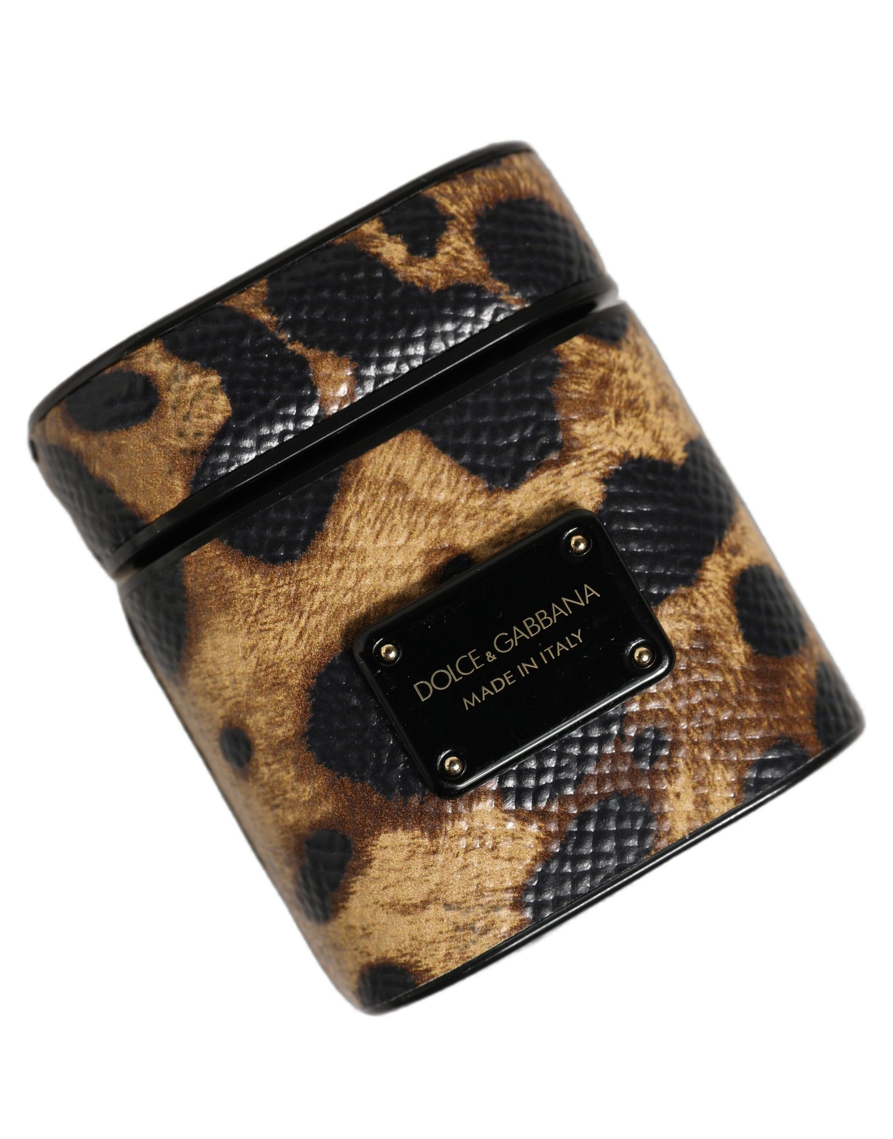 Dolce & Gabbana Brown Leopard Calf Leather Metal Logo Plaque Airpods Case | Regal Royce