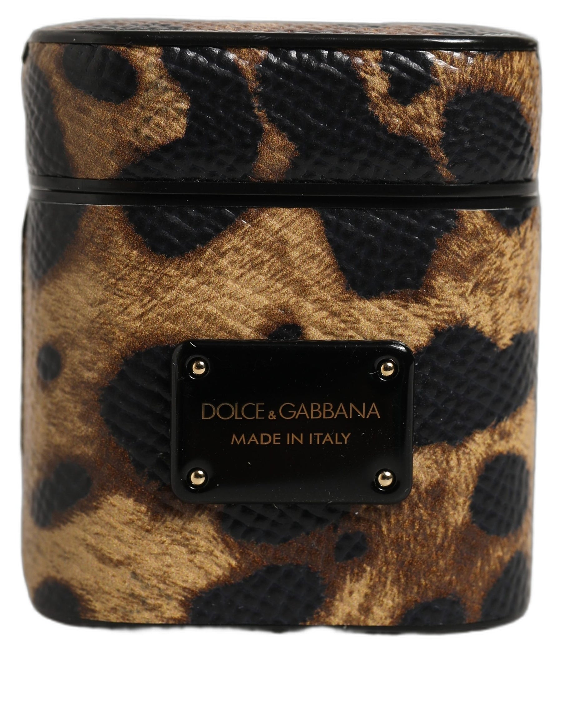 Dolce & Gabbana Brown Leopard Calf Leather Metal Logo Plaque Airpods Case | Regal Royce