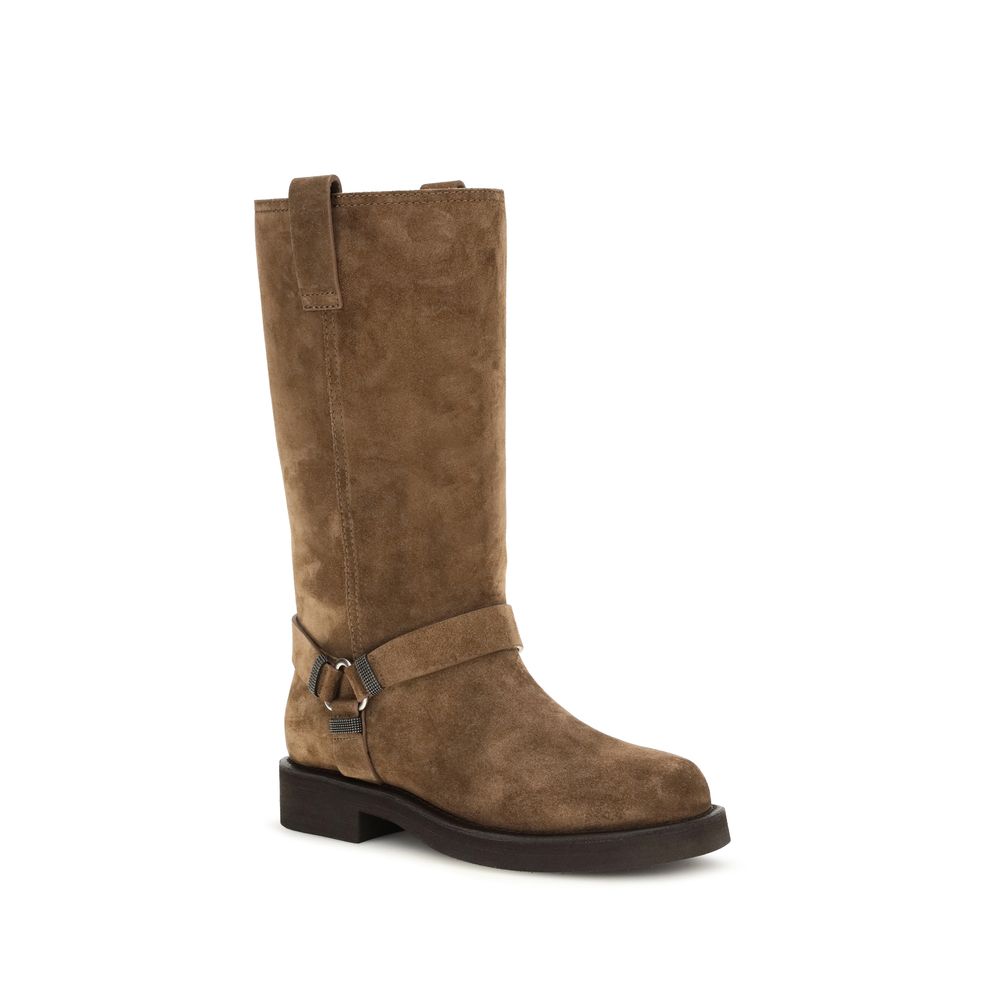 Brunello Cucinelli Brown Calf Leather Bos Taurus Flat Boots | Regal Royce