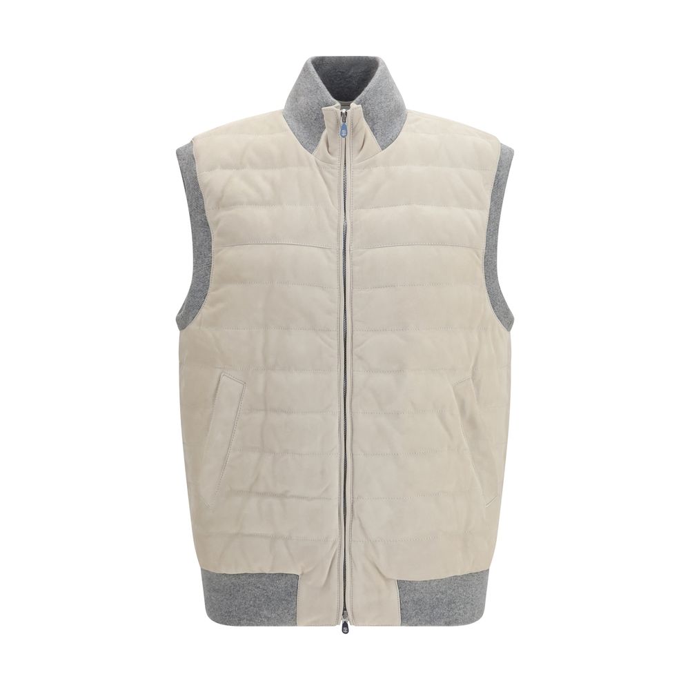 Brunello Cucinelli Beige Calf Leather Bos Taurus Sleeveless Jacket | Regal Royce
