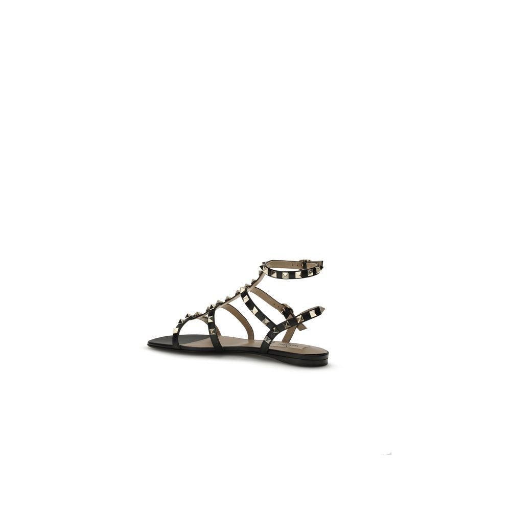Valentino Garavani Black Calf Leather Bos Taurus Flat Sandals | Regal Royce