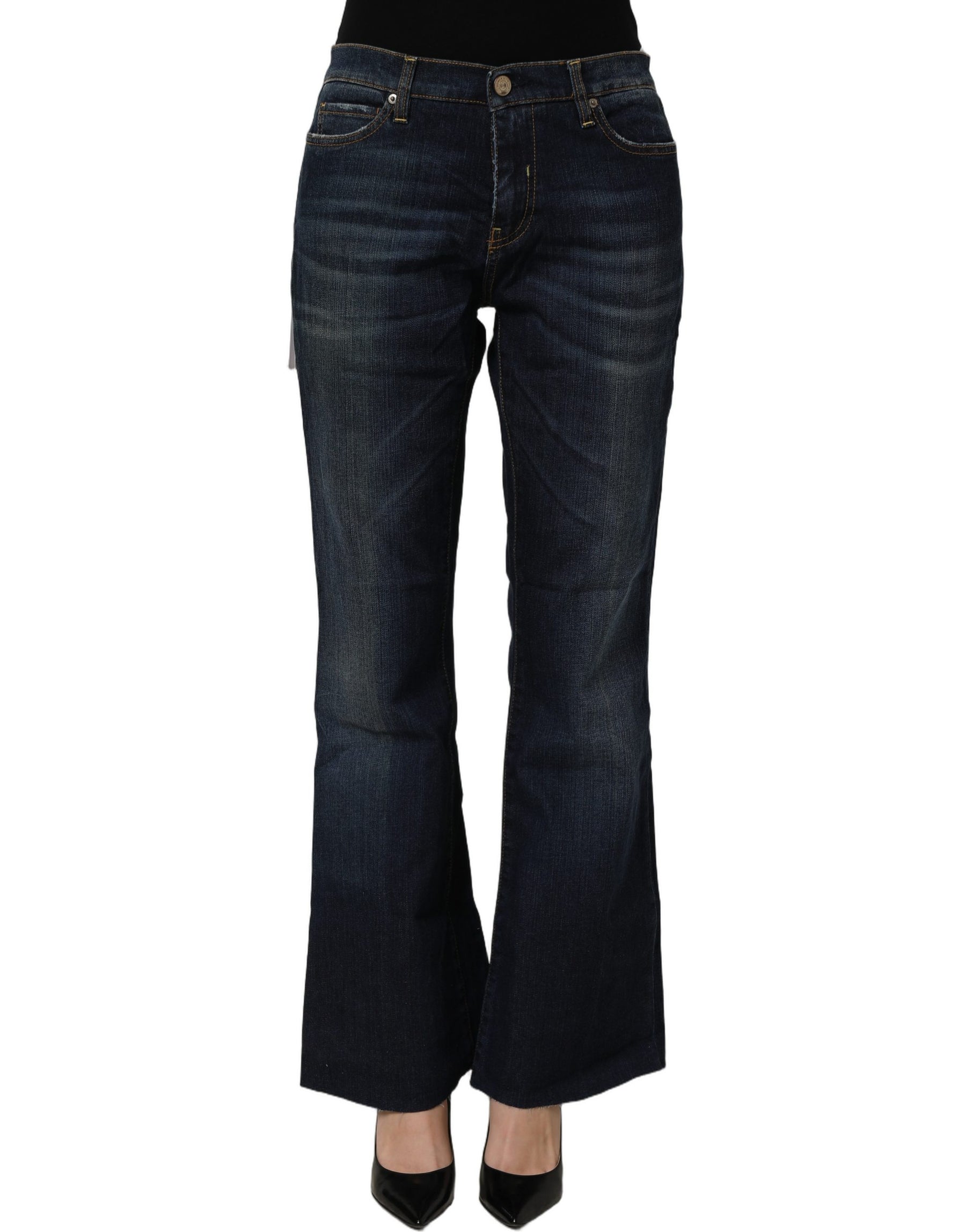 Two women in the world Dark Blue Washed Mid-Waisted Flared Denim Casual Jeans | Regal Royce