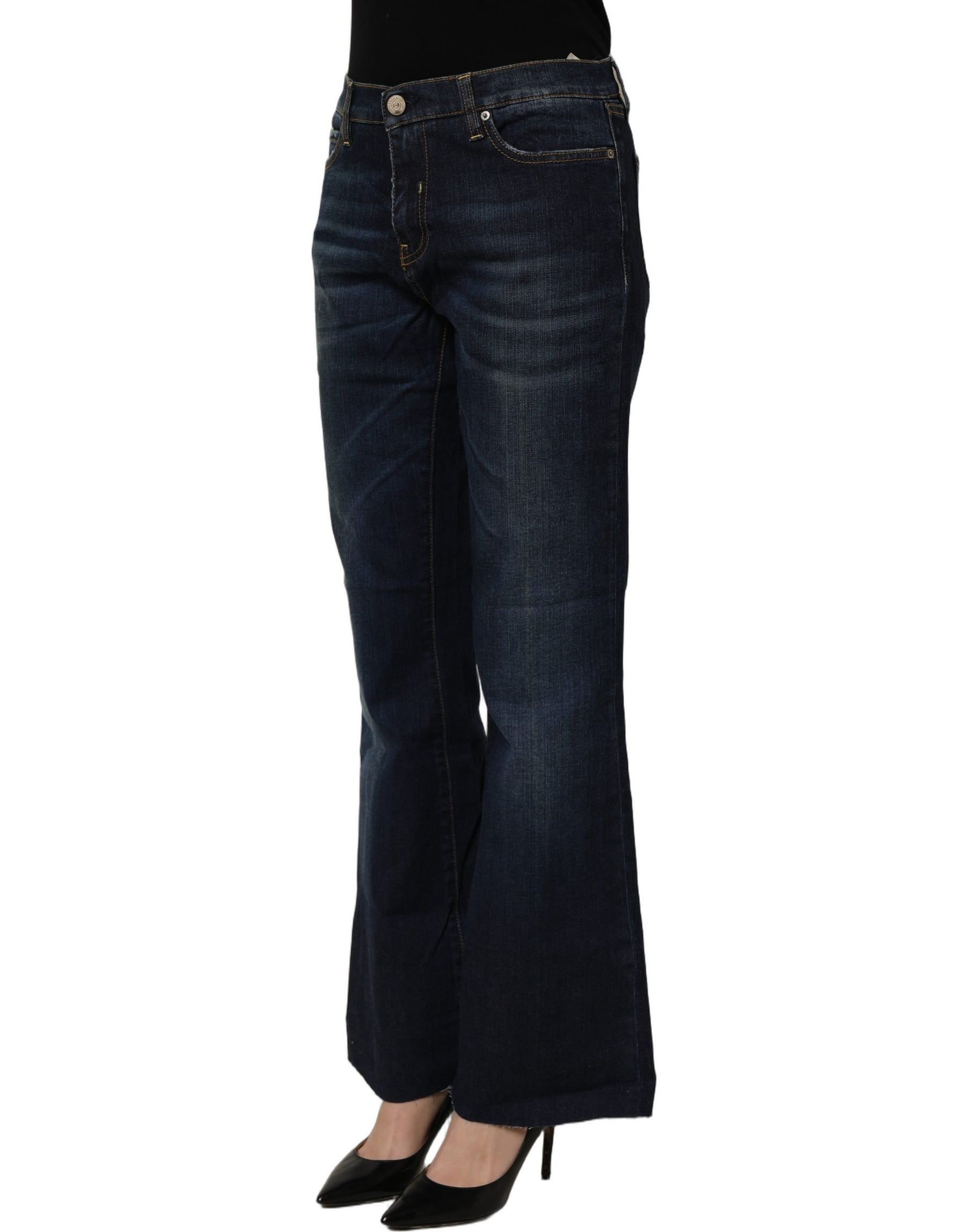 Two women in the world Dark Blue Washed Mid-Waisted Flared Denim Casual Jeans | Regal Royce