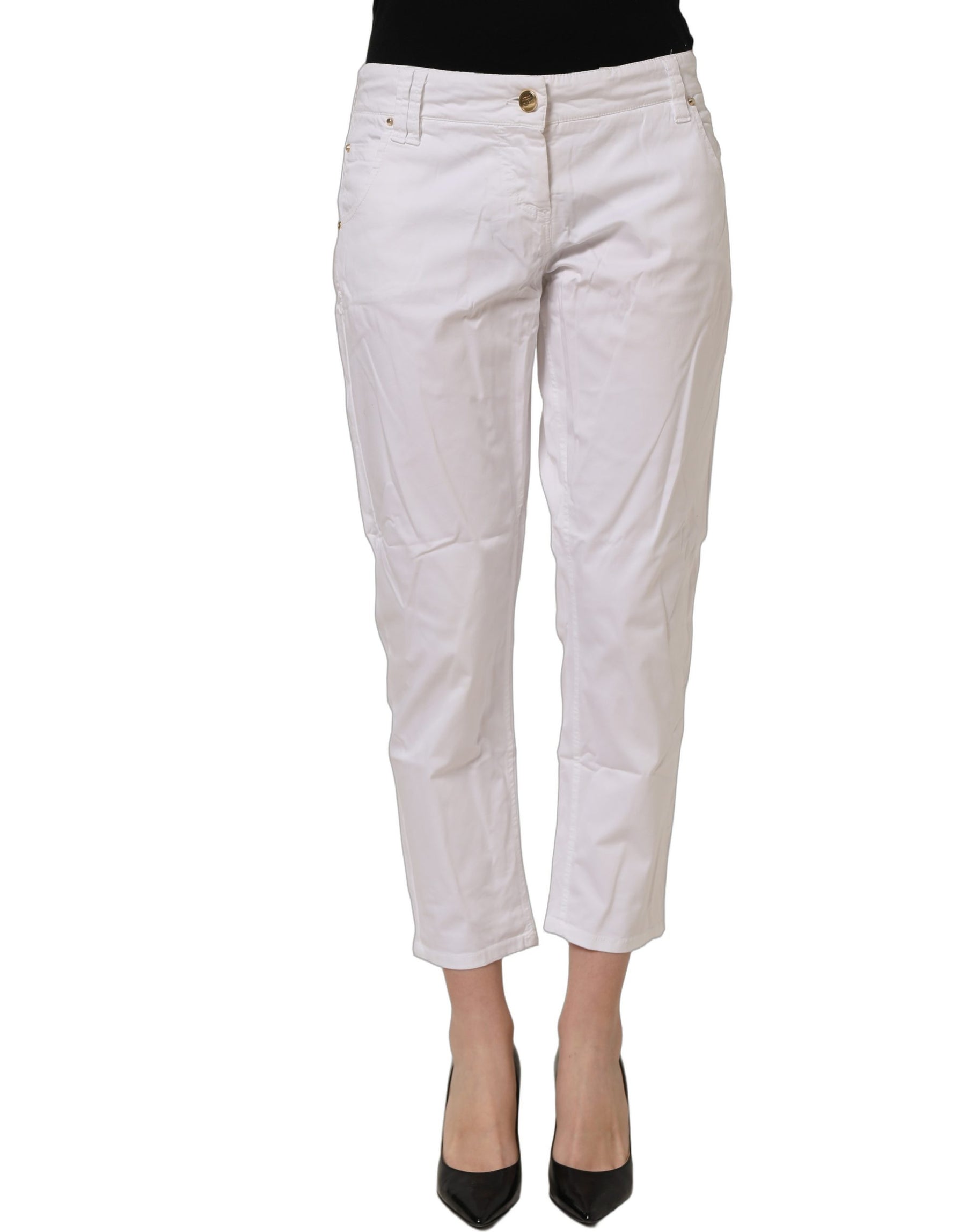 Gaudi White Mid Waist Straight Cropped Cotton Trouser Pants | Regal Royce