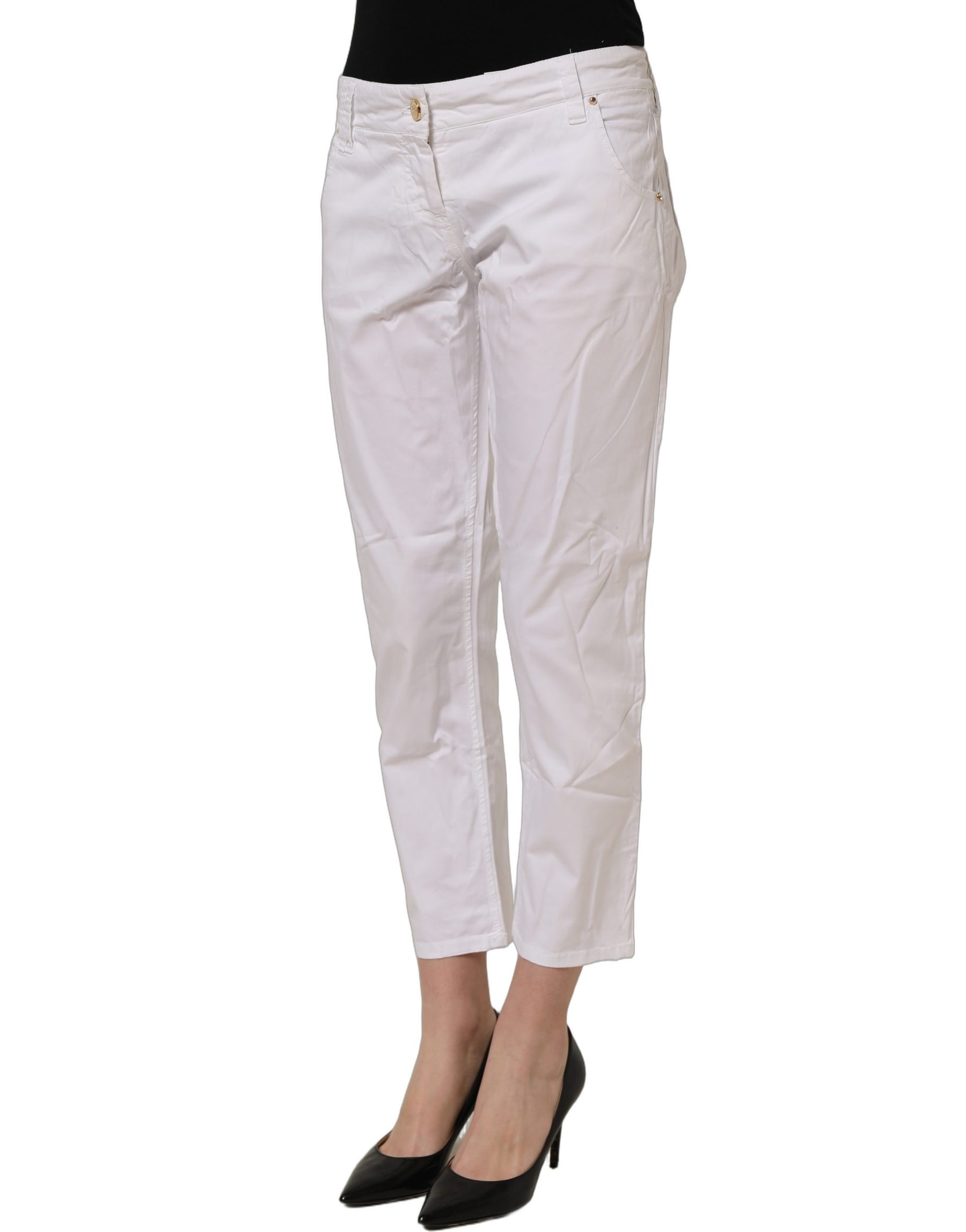 Gaudi White Mid Waist Straight Cropped Cotton Trouser Pants | Regal Royce