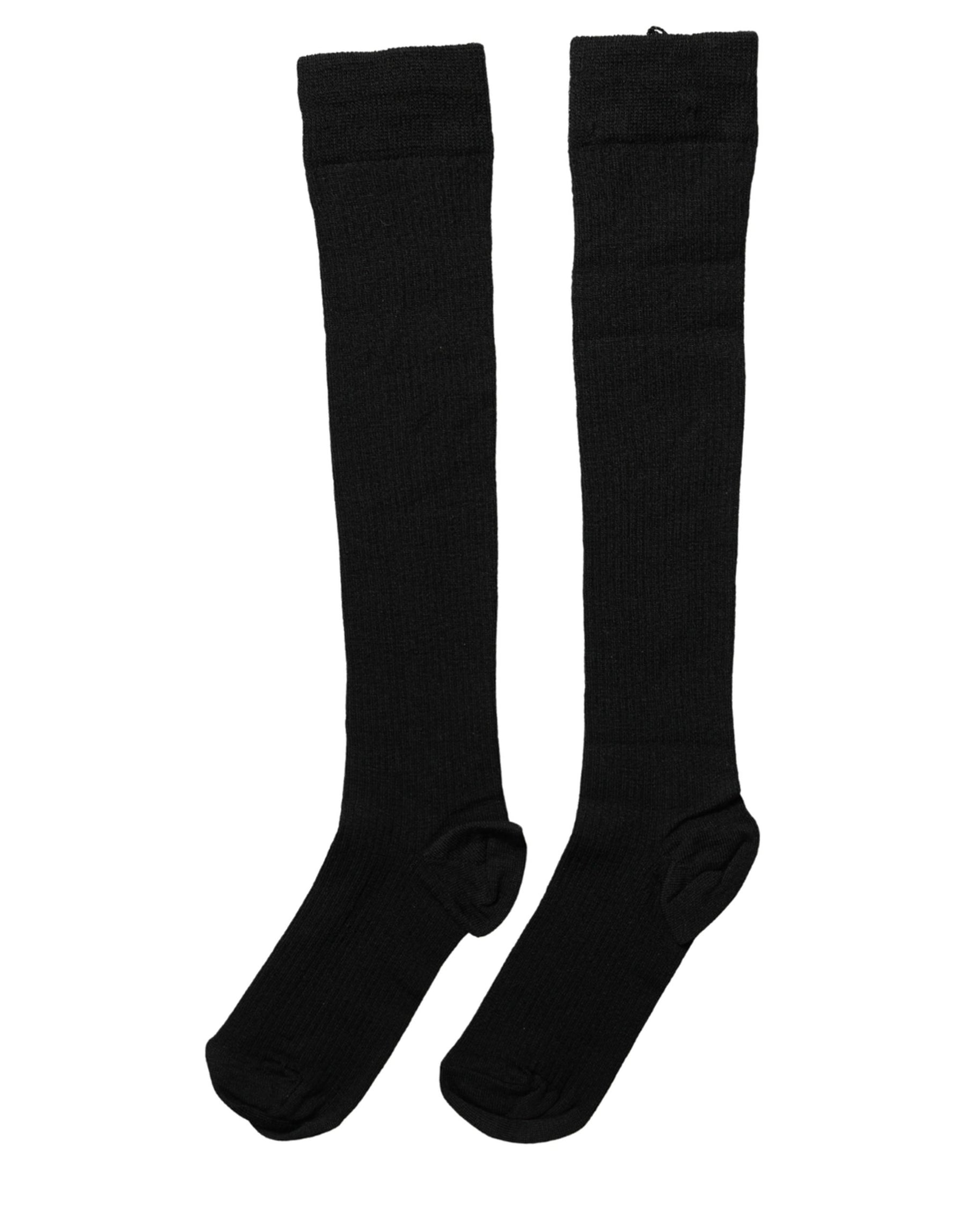 Dolce & Gabbana Black Wool Knit Calf Long Women Accessory Socks | Regal Royce