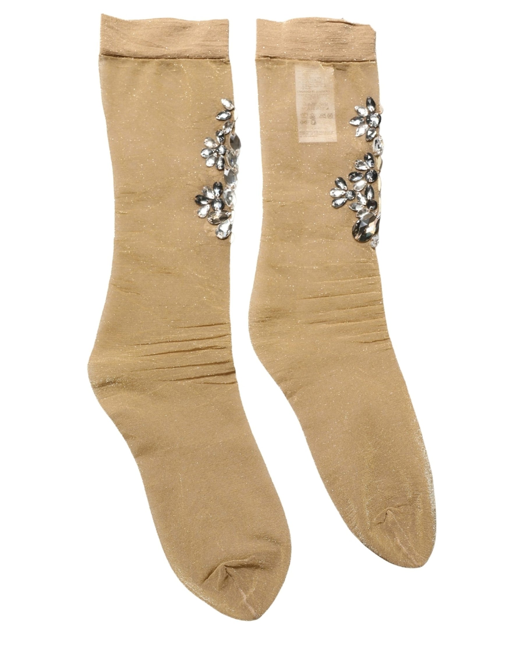 Dolce & Gabbana Brown Stretch Floral Clear Crystal Stockings Socks | Regal Royce