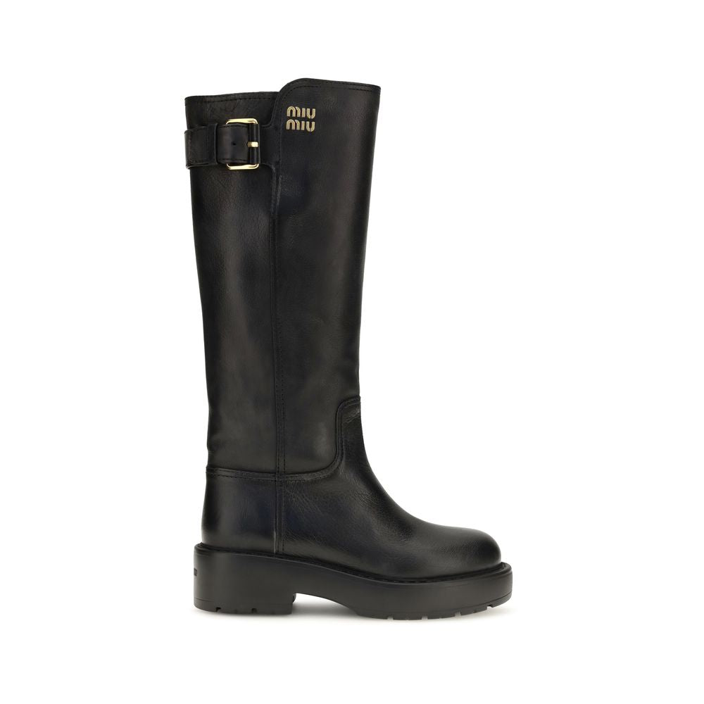 Miu Miu Black Calf Leather Bos Taurus Flat Boots | Regal Royce