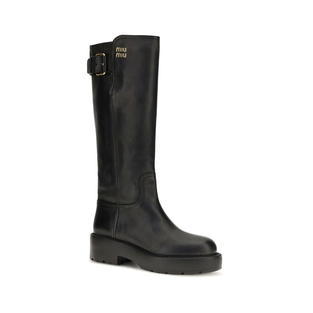 Miu Miu Black Calf Leather Bos Taurus Flat Boots | Regal Royce