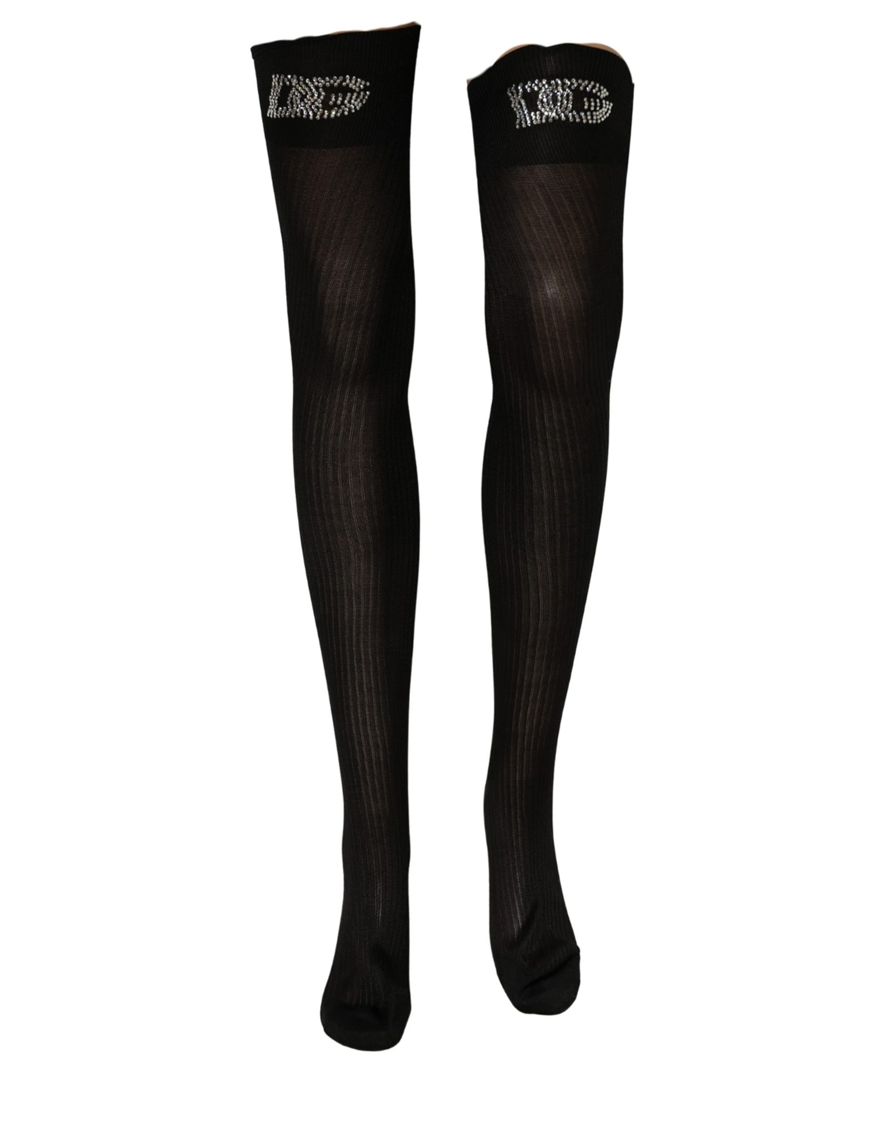 Dolce & Gabbana Black DG Logo Rhinestones Stretch Thigh High Socks | Regal Royce
