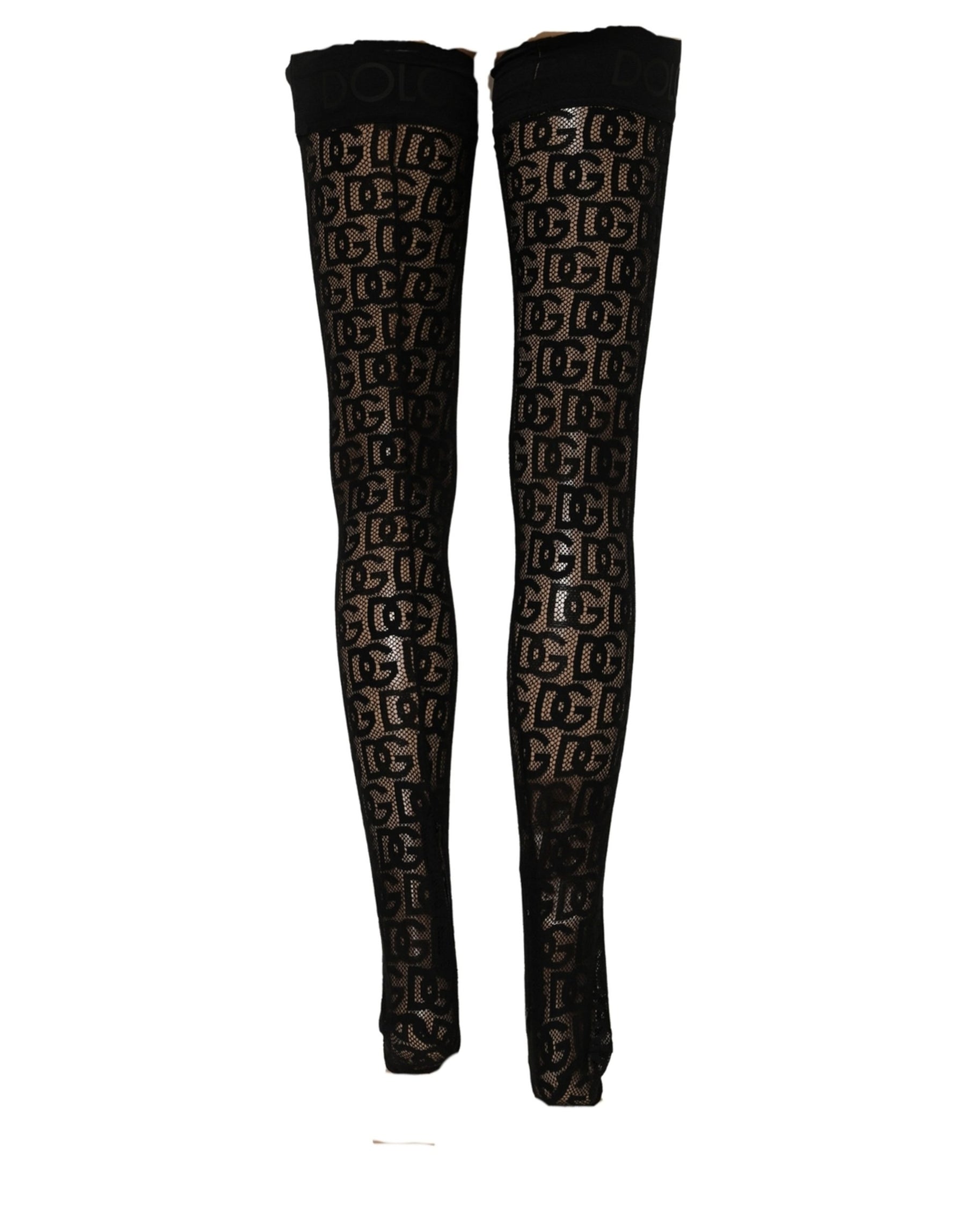 Dolce & Gabbana Black DG Logo Sheer Nylon Thigh High Socks | Regal Royce