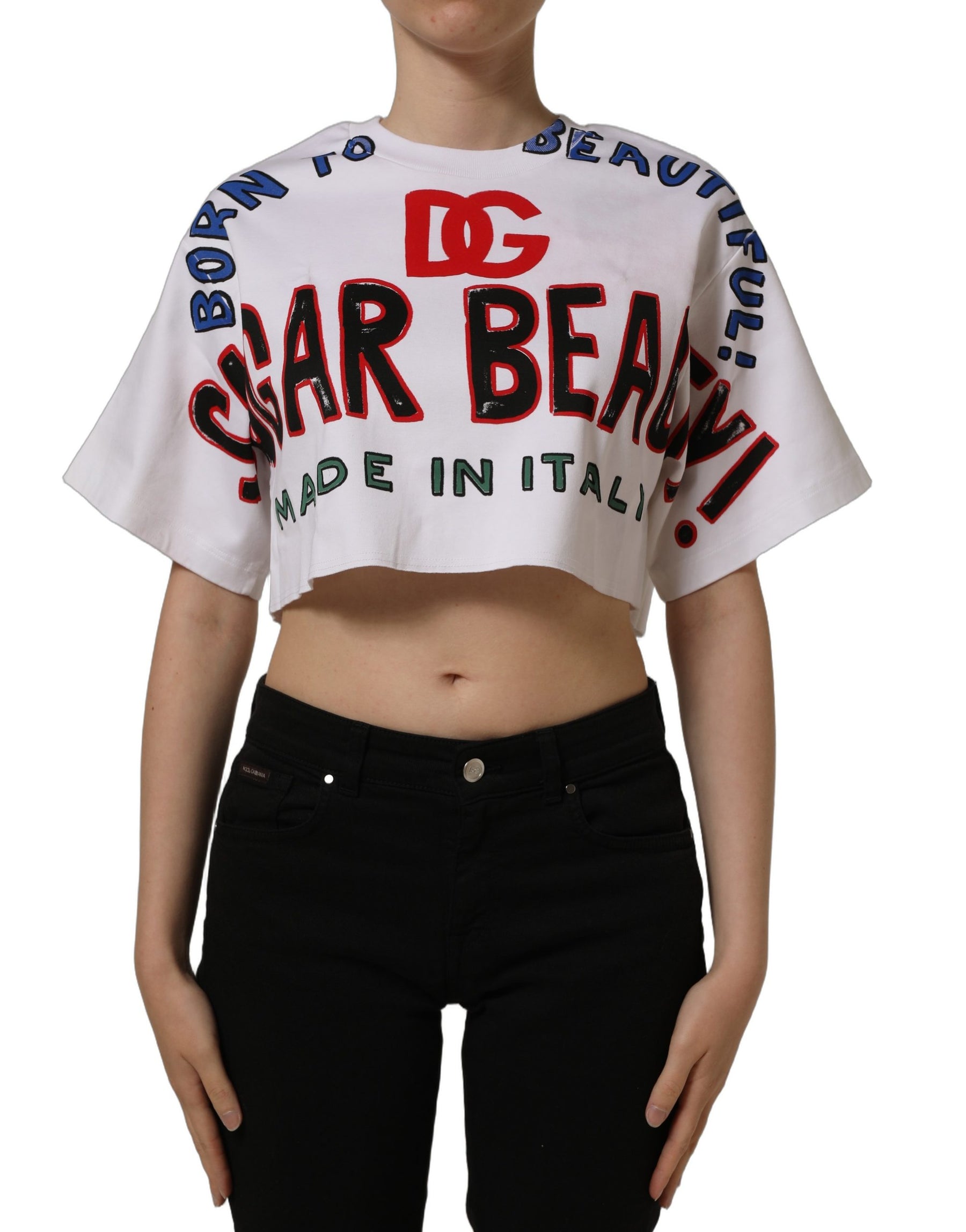 Dolce & Gabbana White Graphic Cotton Jersey Cropped T-shirt | Regal Royce